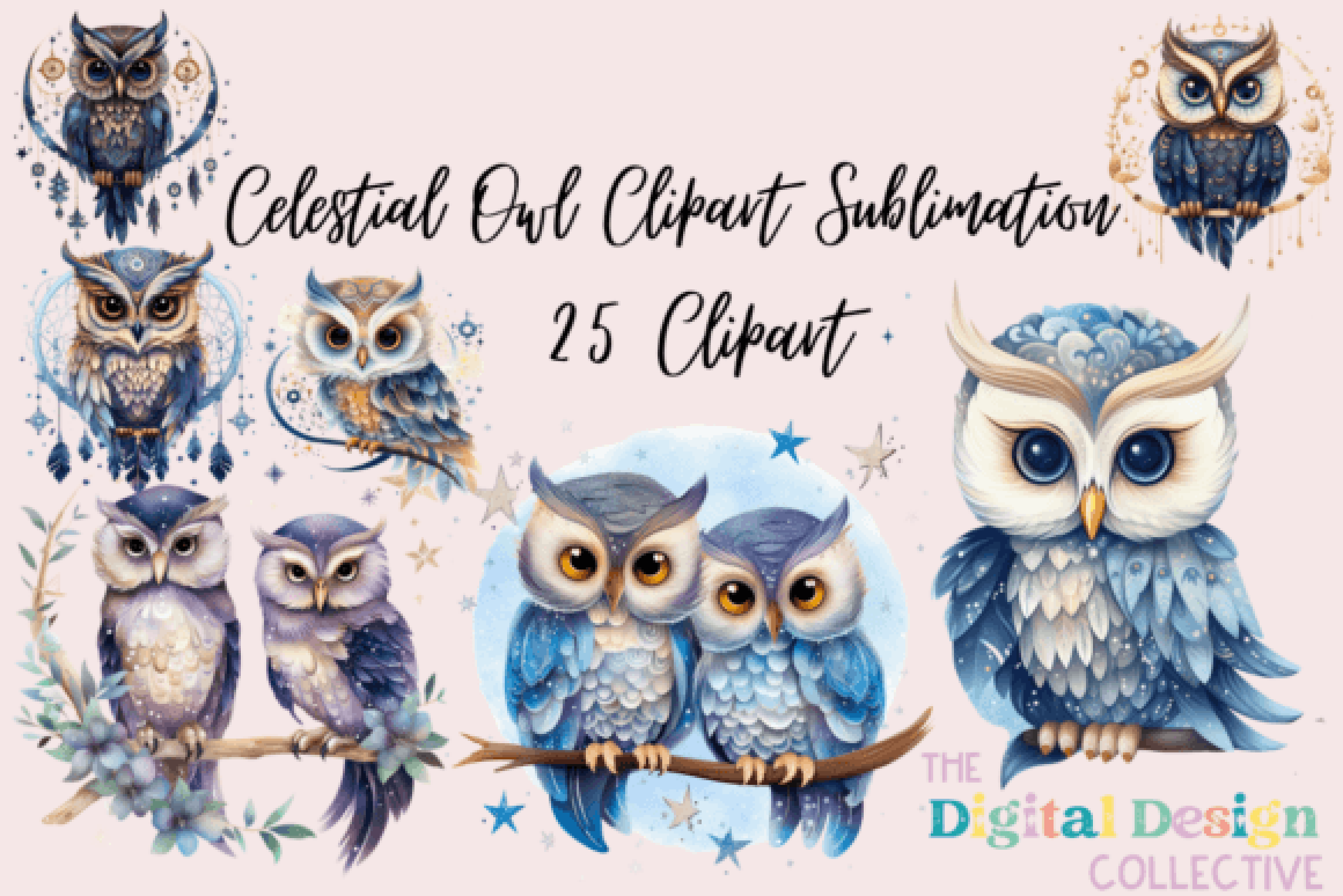 Celestial Owl Illustrations Clipart Bundle