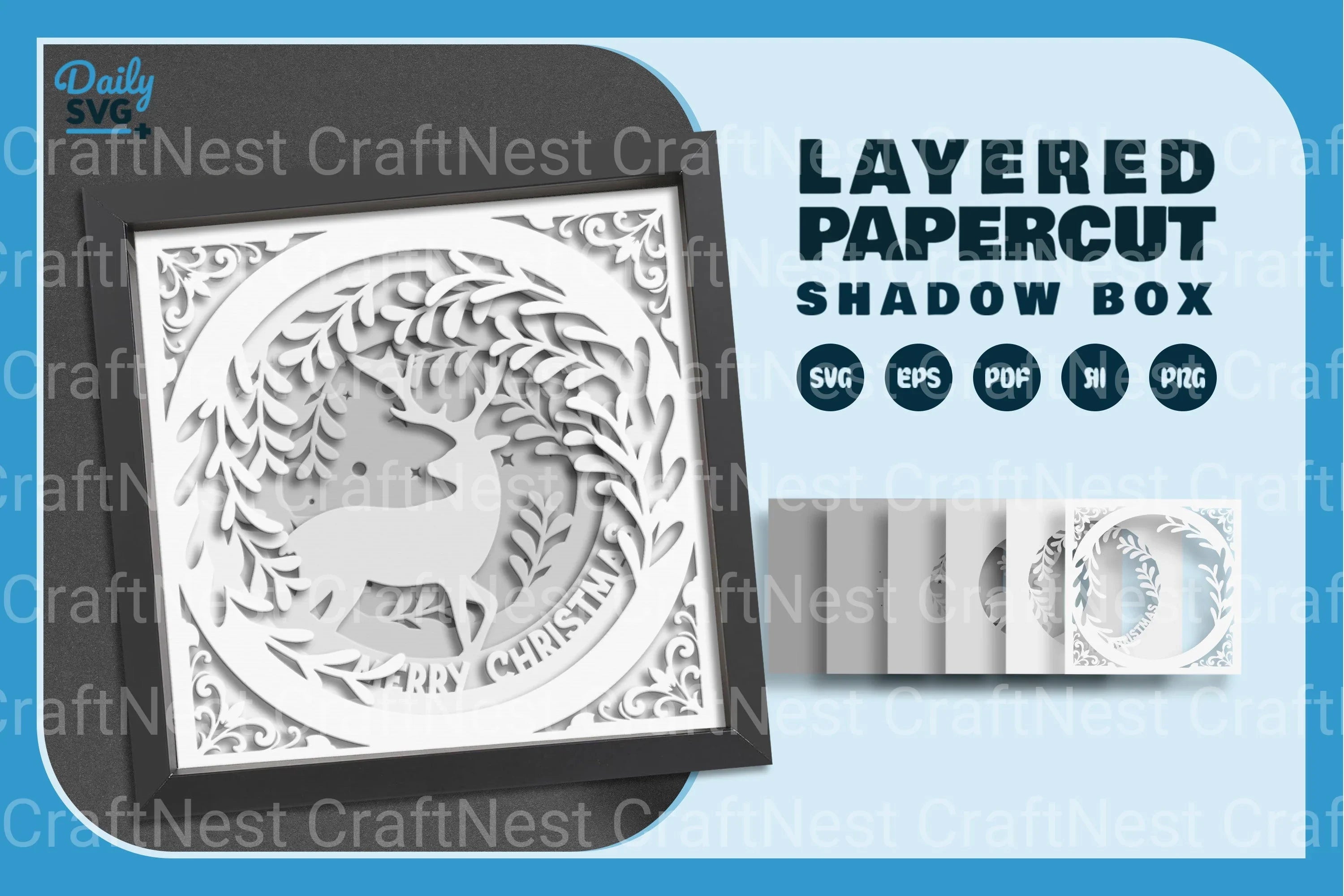 Christmas Deer White Papercut Shadow Box SVG Bundle