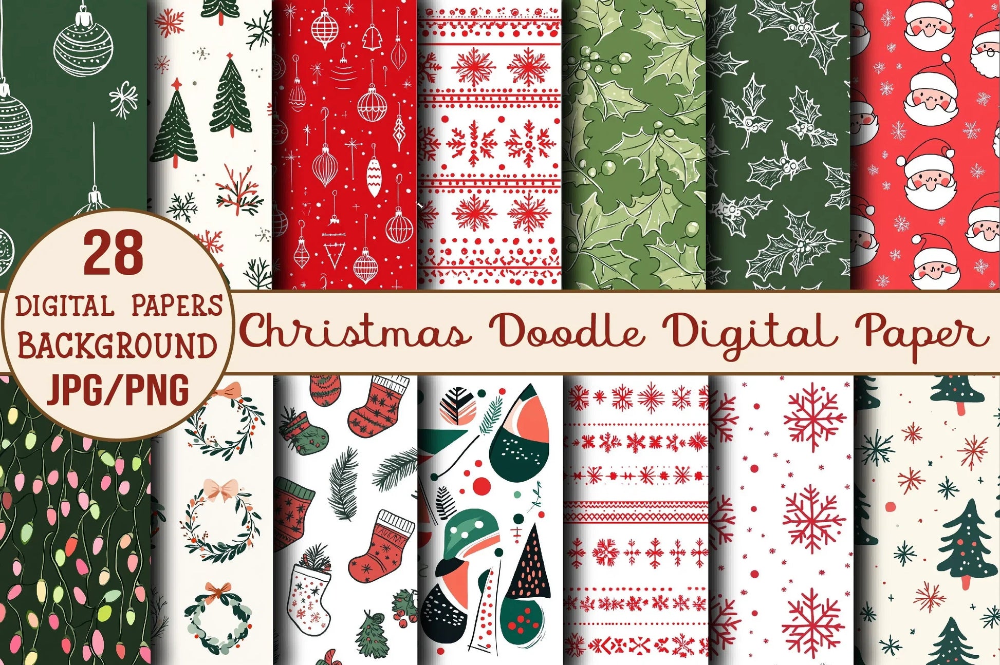 Christmas Doodle Digital Paper Design - CraftNest - Digital Crafting and Art