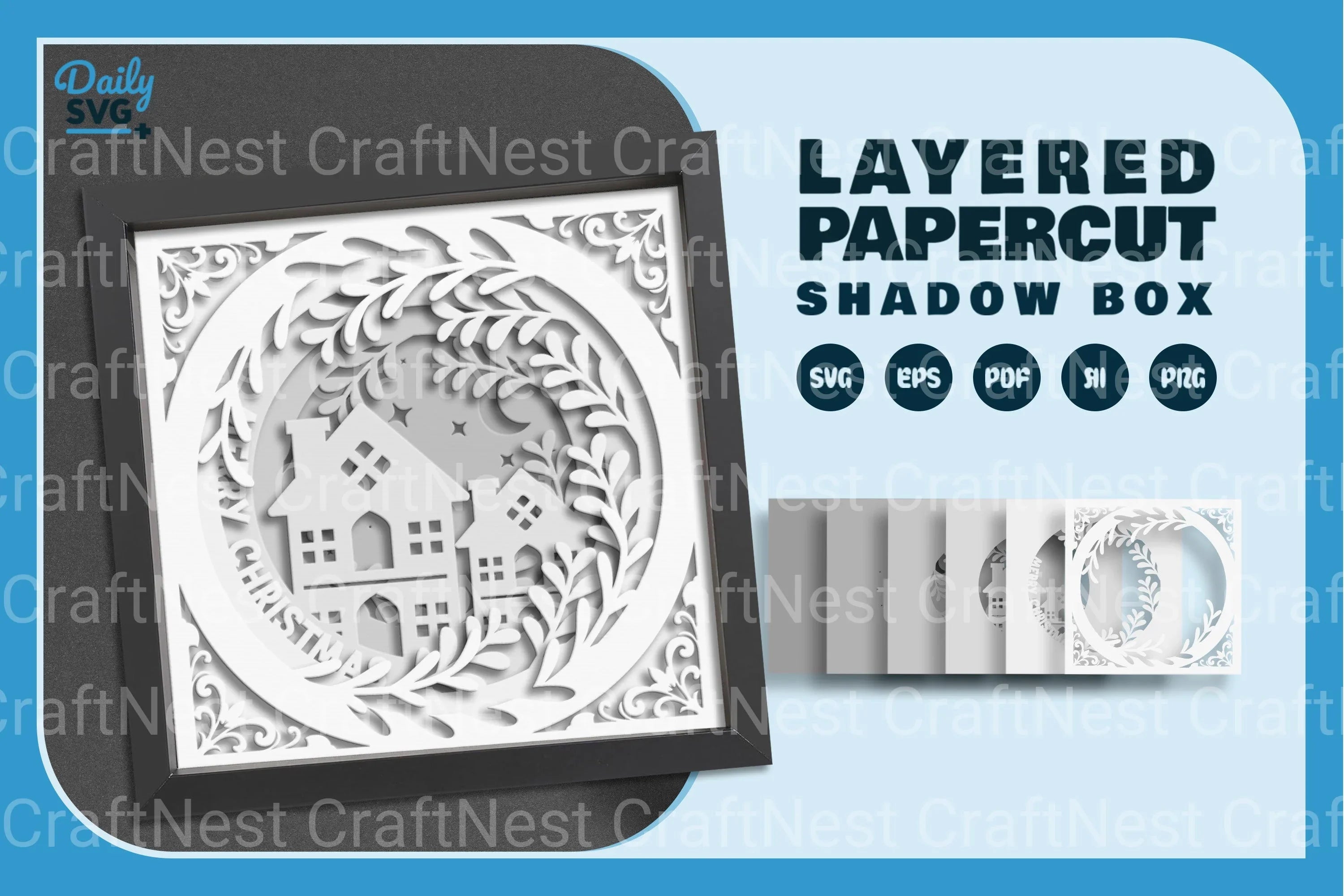 Christmas House White Papercut Shadow Box SVG Bundle