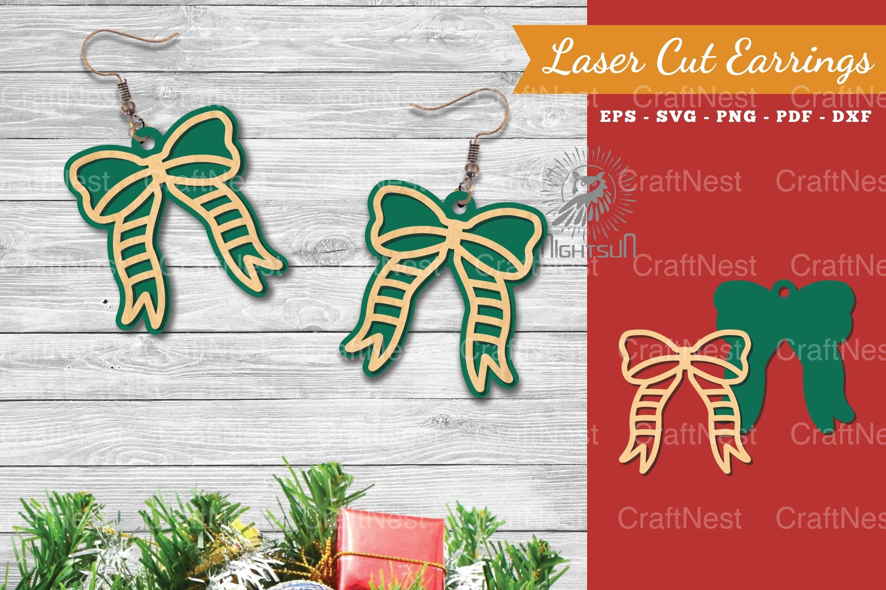Christmas Ribbon Laser Cut Earrings SVG Bundle - CraftNest - Digital Crafting and Art