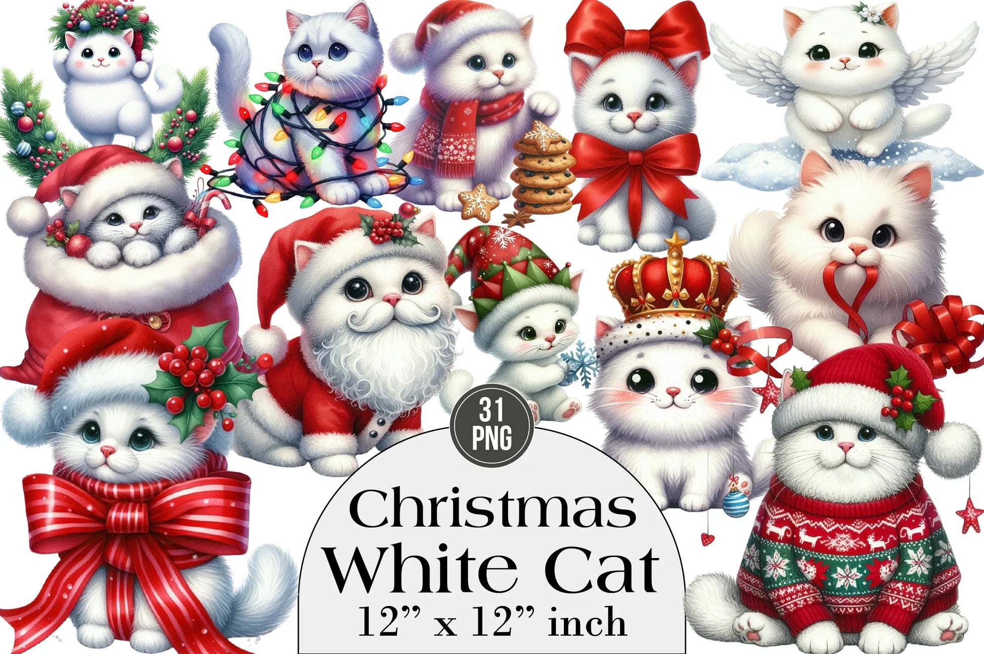 Christmas White Cat Funny Clipart Bundle - CraftNest - Digital Crafting and Art