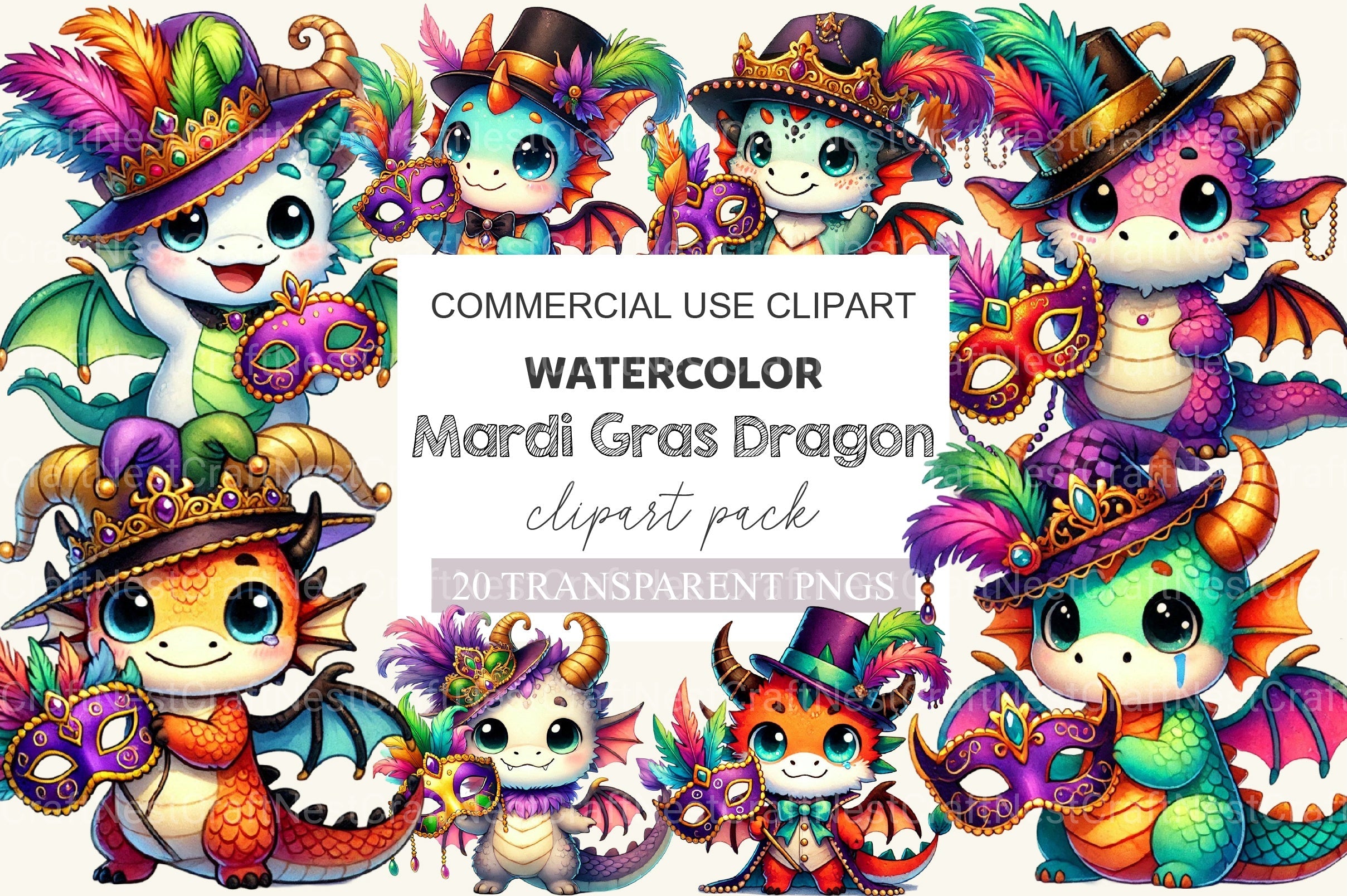 Mardi Gras Cartoon Dragon Clipart Bundle