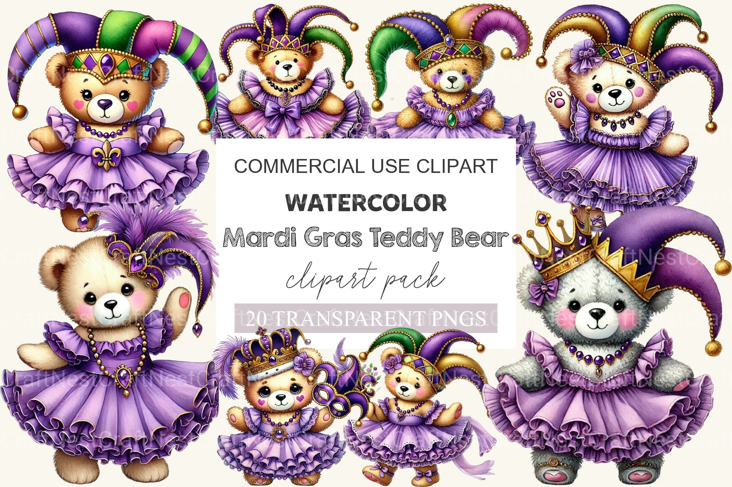 Mardi Gras Teddy Bear Clipart Bundle 1