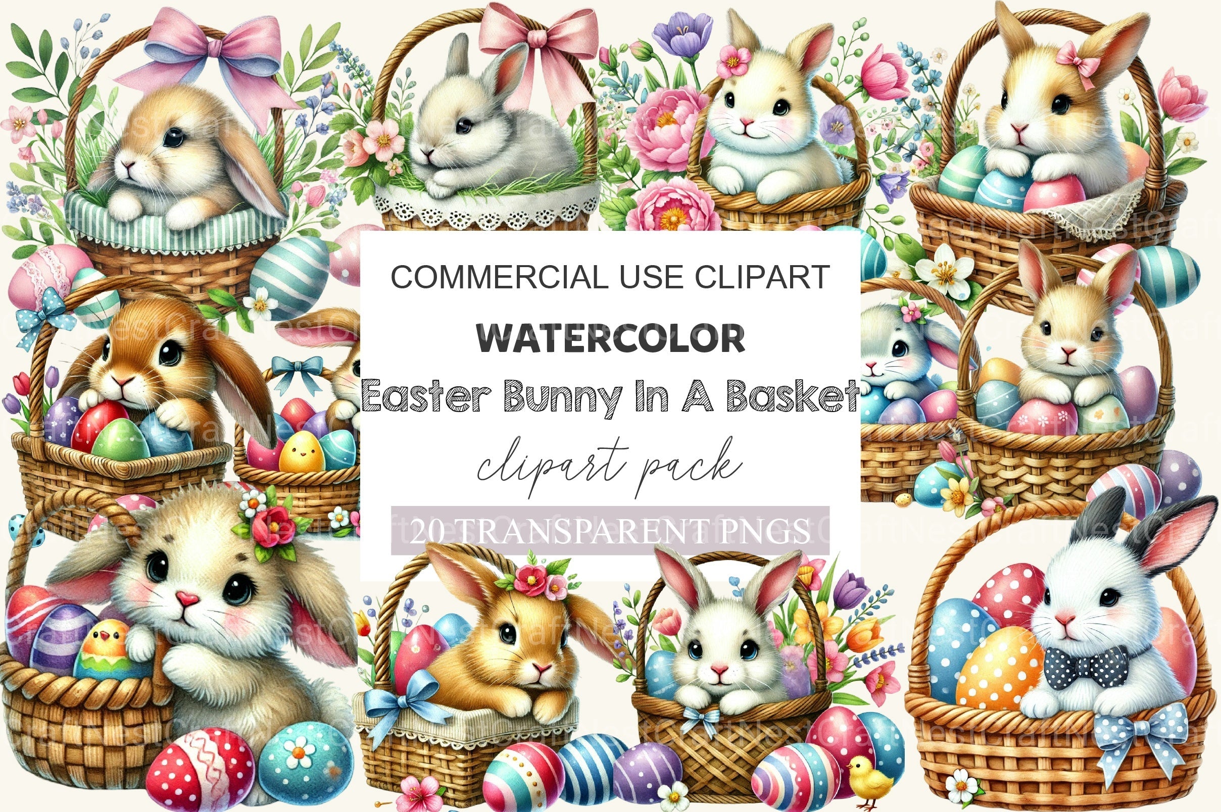 Easter Bunny In A Basket Clipart Bundle