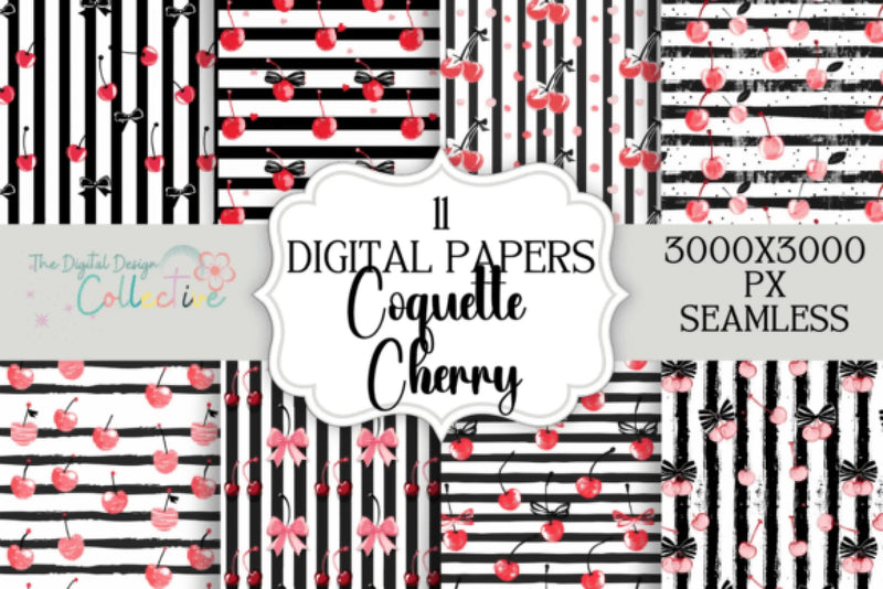 Coquette Cherry Bow Patterns Digital Paper - CraftNest - Digital Crafting and Art