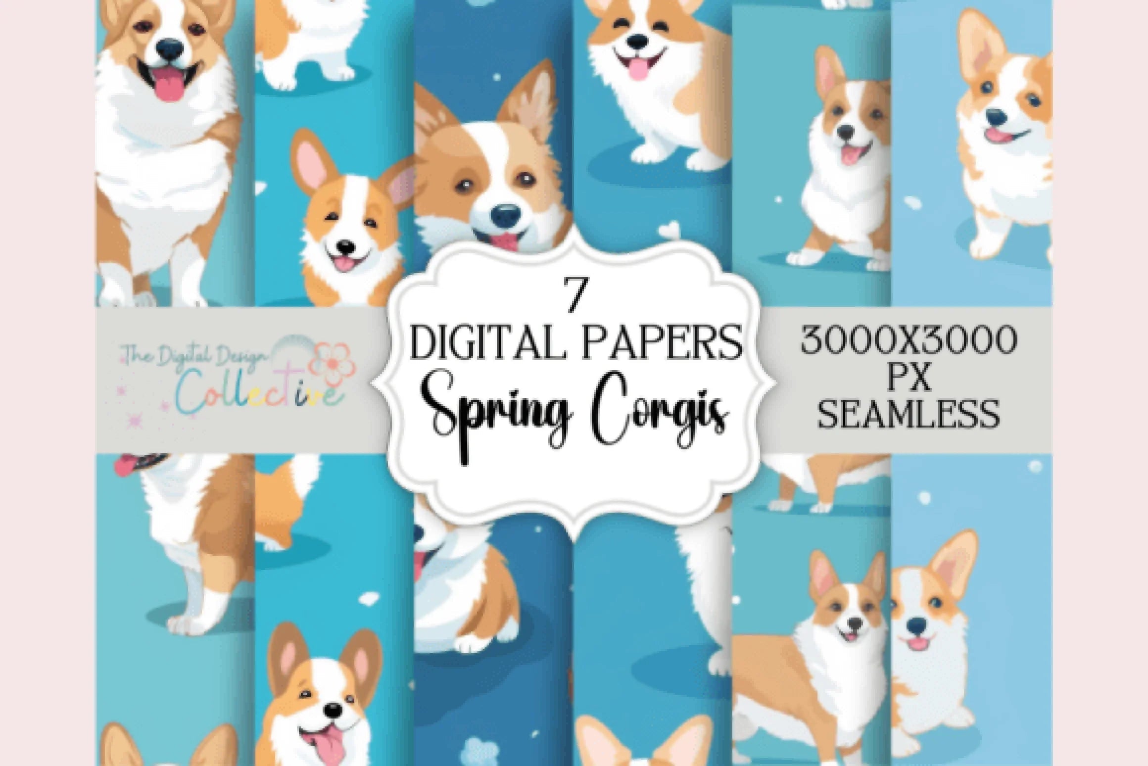 Seamless Corgi Blue Spring Digital Paper - CraftNest - Digital Crafting and Art