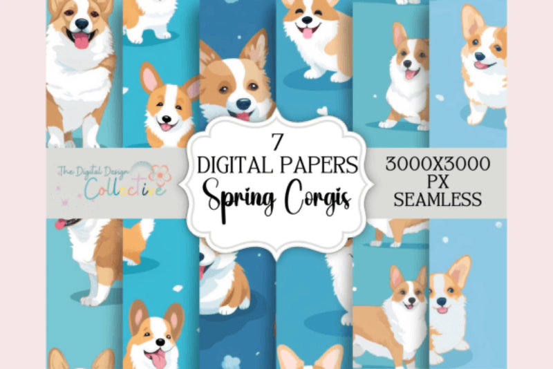 Seamless Corgi Blue Spring Digital Paper - CraftNest - Digital Crafting and Art