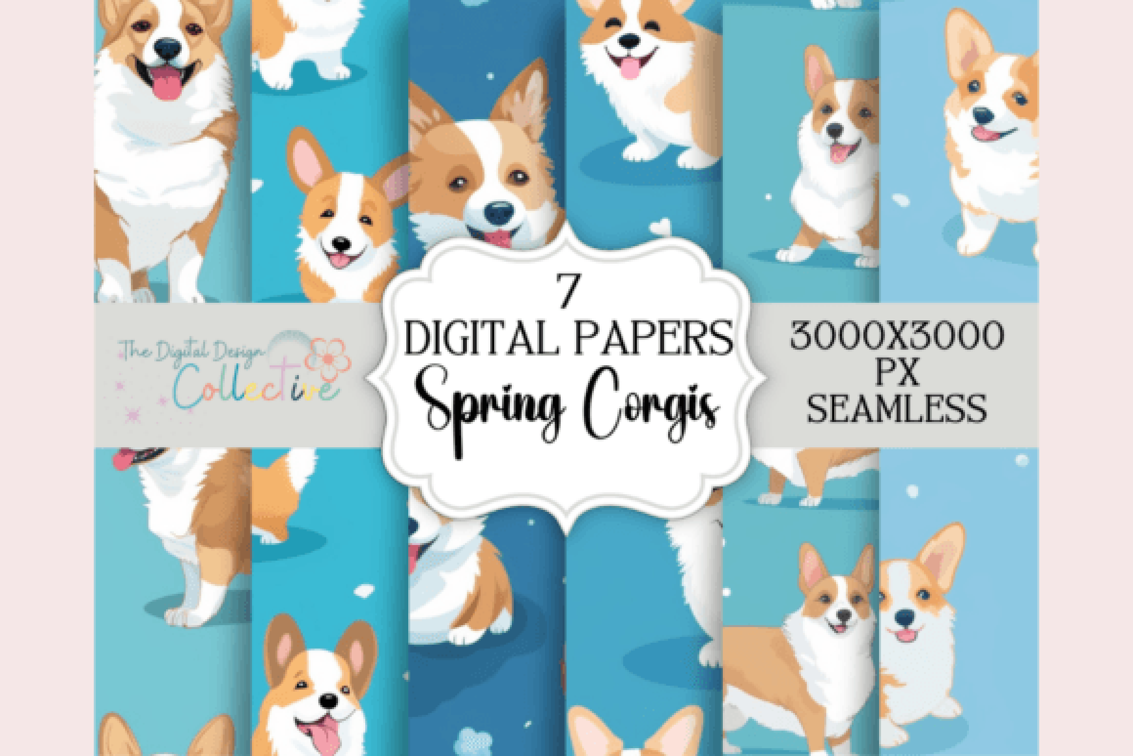 Seamless Corgi Blue Spring Digital Paper