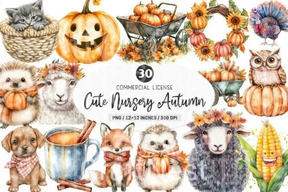 Cute Autumn Farmhouse Nursery Clipart Bundle - CraftNest - Digital Crafting and Art