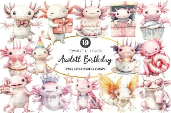 Cute Axolotl Birthday Clipart Bundle - CraftNest - Digital Crafting and Art