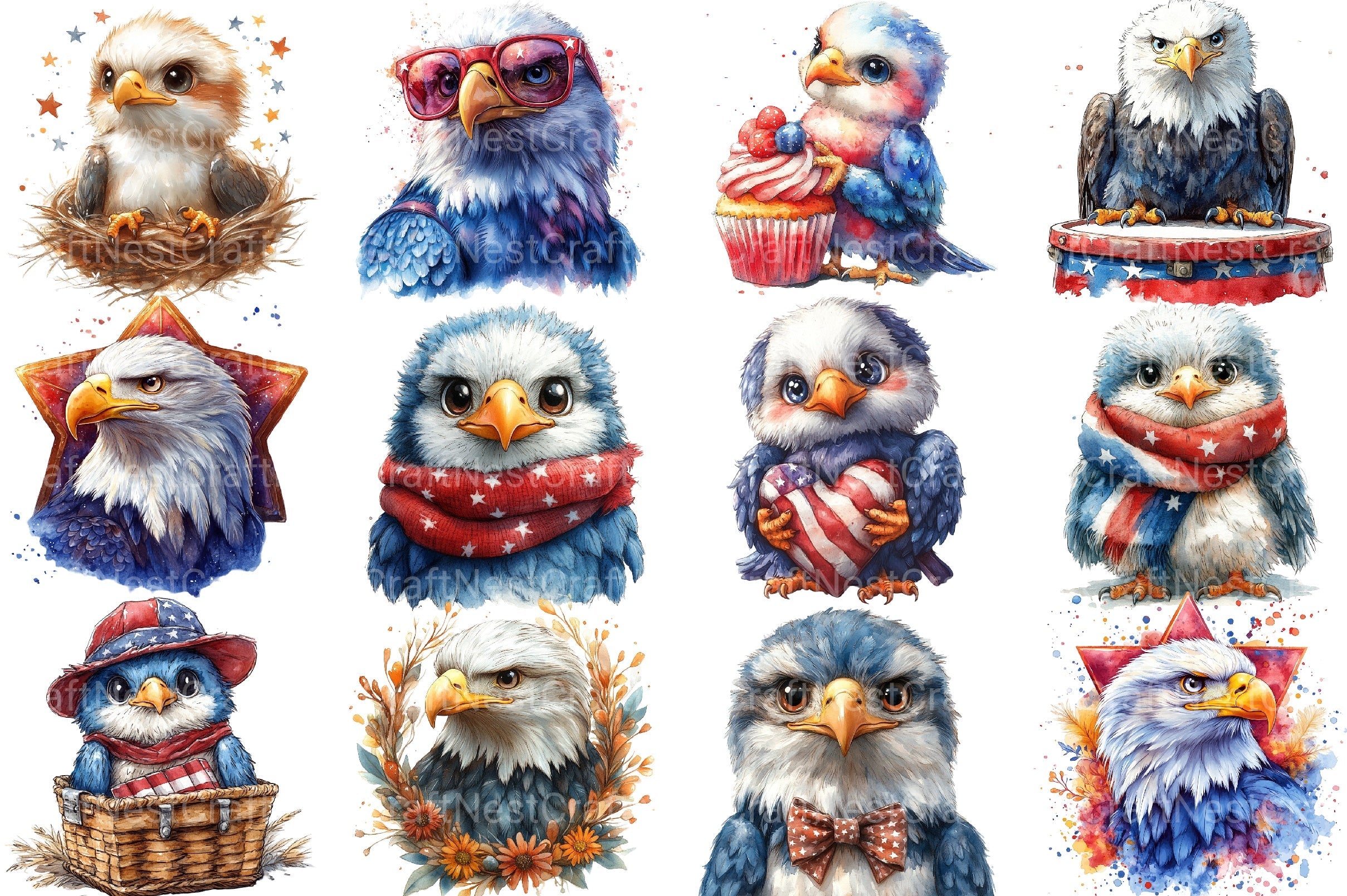 Cute Baby Bald Eagle 4th Of July Clipart Bundle 2