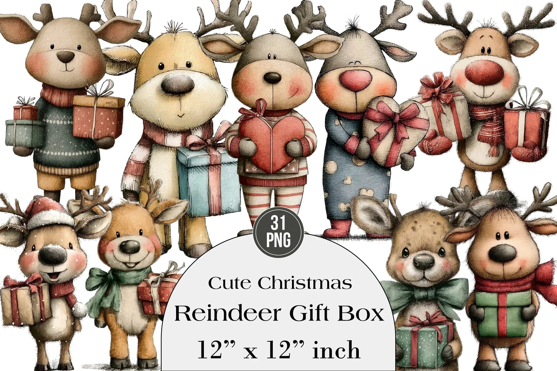 Cute Christmas Reindeer Gift Box Clipart Bundle - CraftNest - Digital Crafting and Art