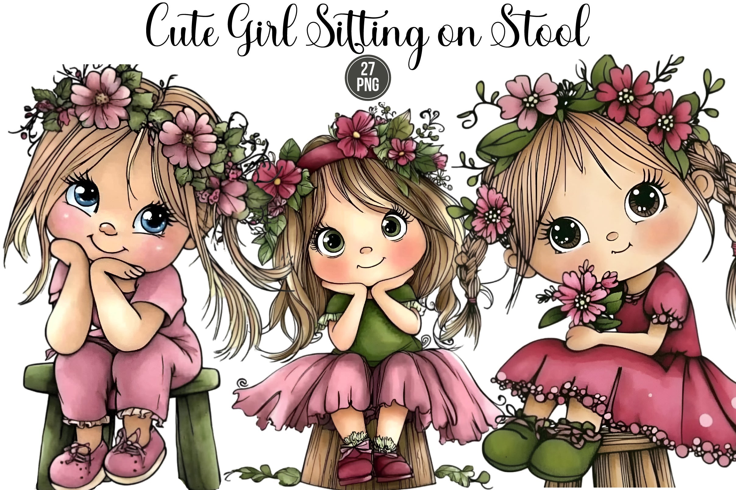 Cute Girl Sitting on Stool Clipart Bundle