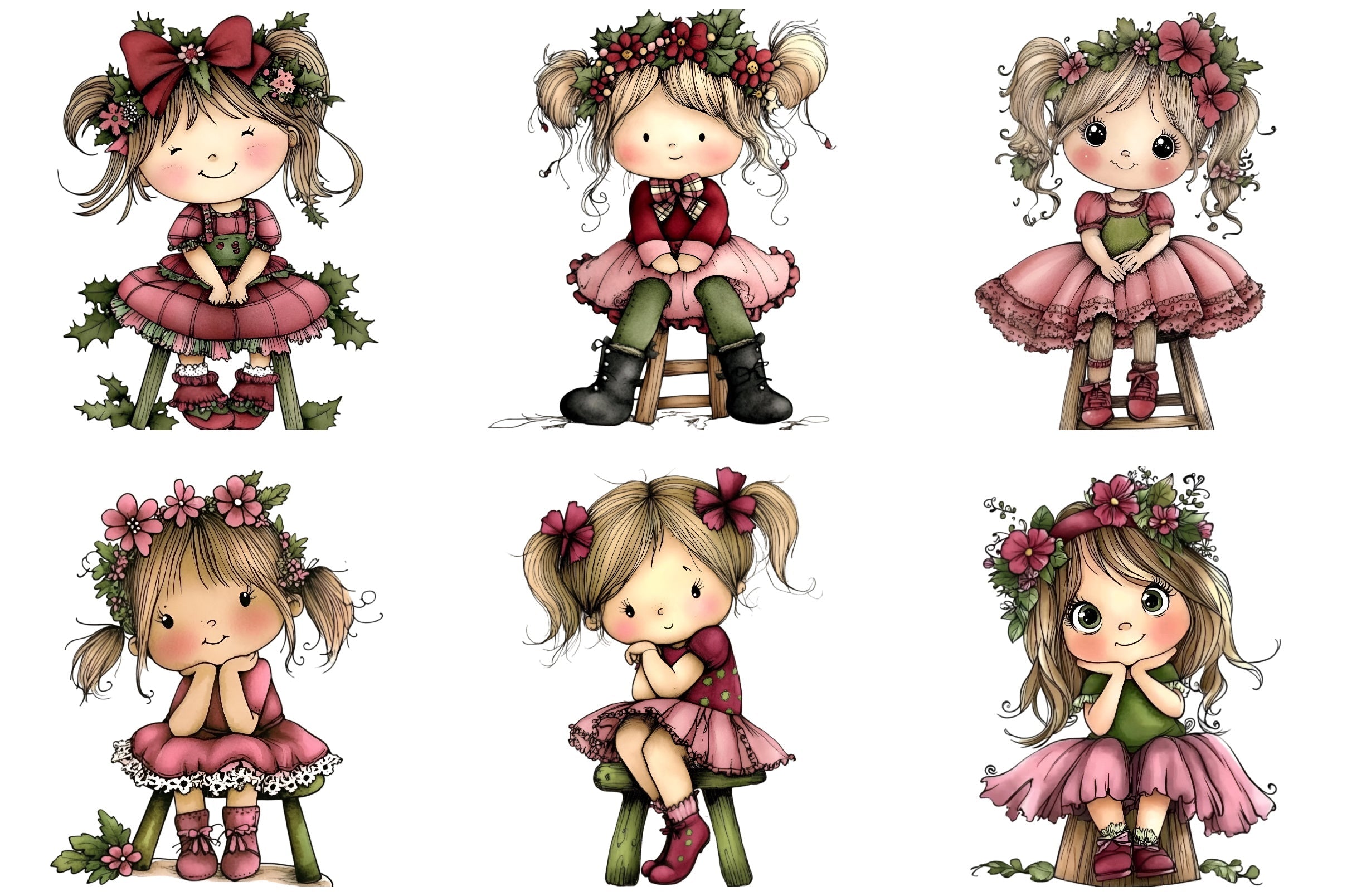 Cute Girl Sitting on Stool Clipart Bundle