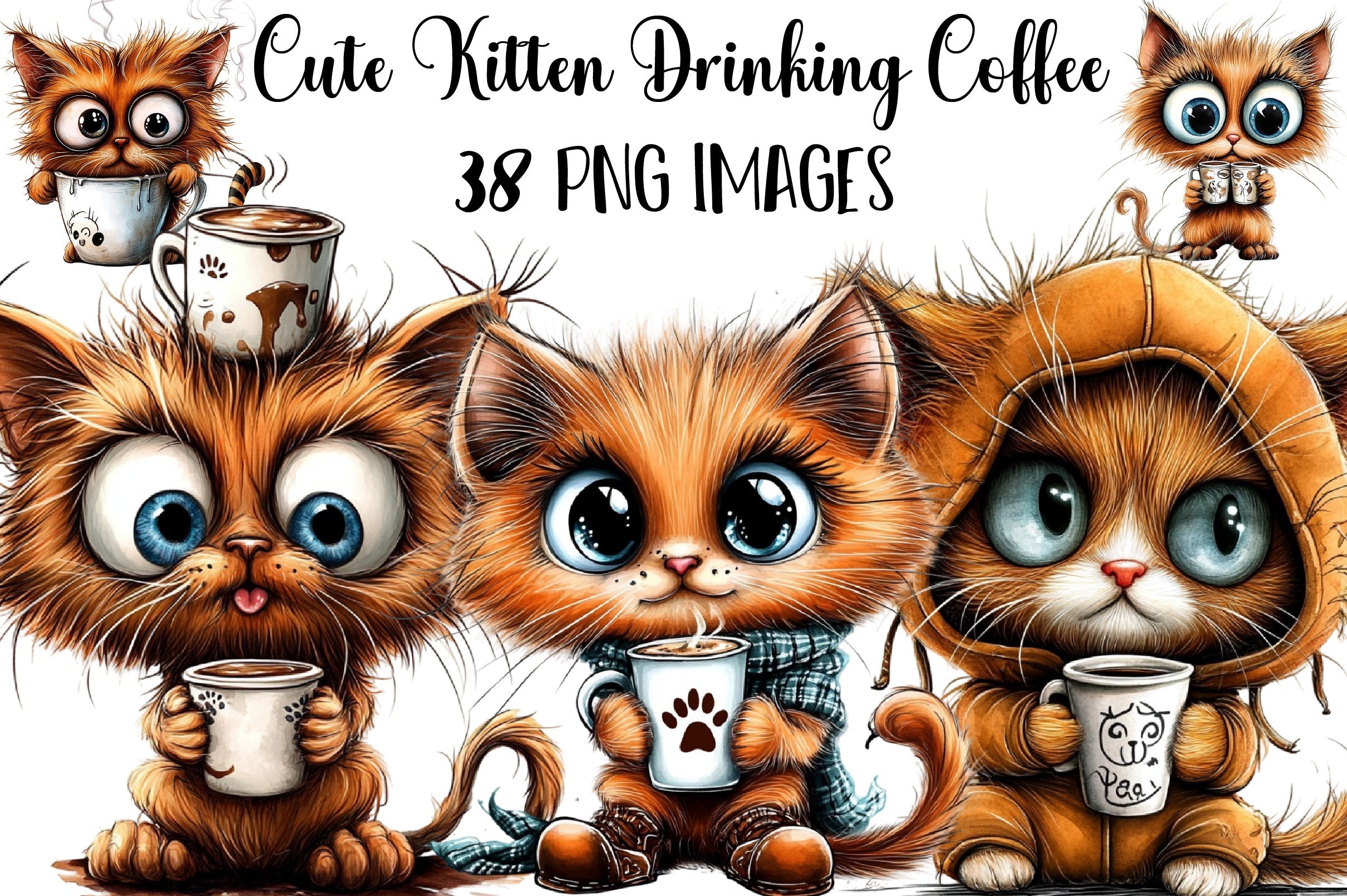 Cute Kitten Drinking Coffee Clipart Bundle