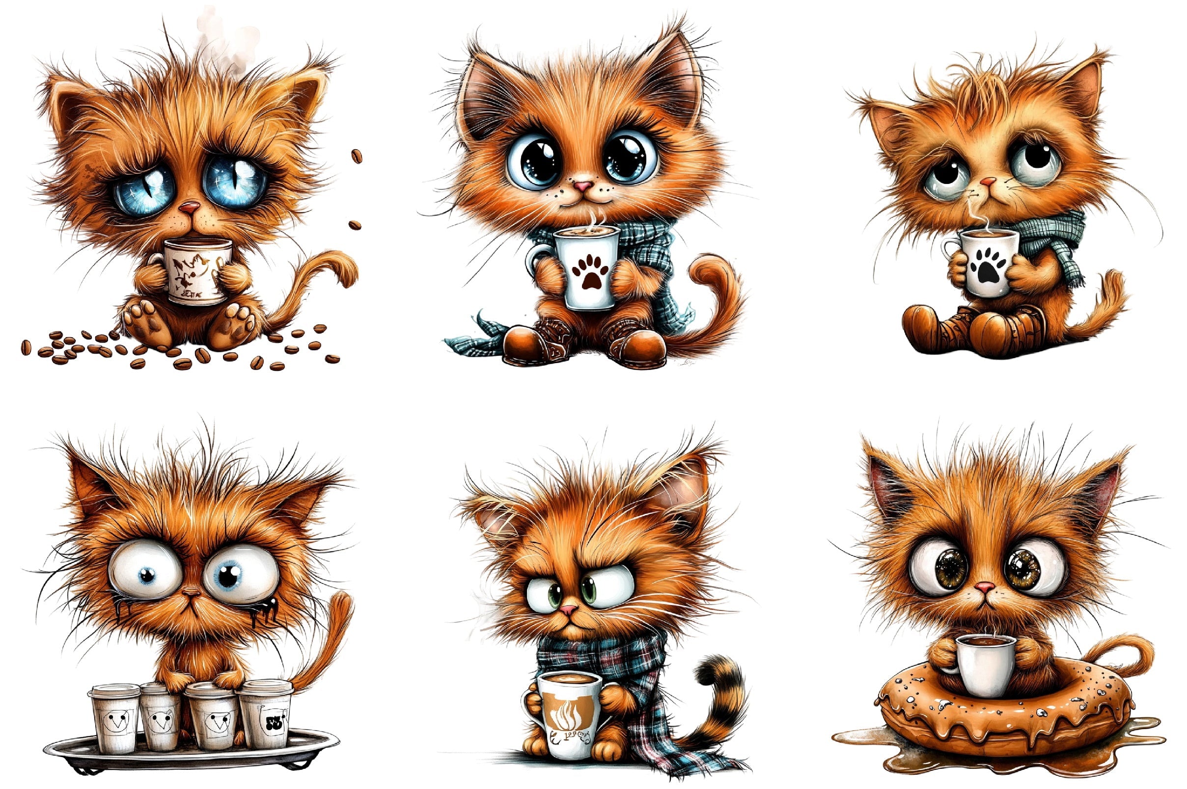 Cute Kitten Drinking Coffee Clipart Bundle
