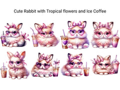 Cute Rabbit with Tropical Flowers and Iced Coffee - CraftNest - Digital Crafting and Art