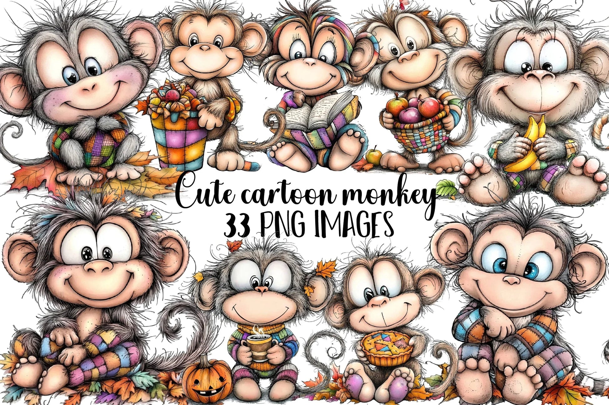 Cute Cartoon Monkey Clipart Bundle - CraftNest - Digital Crafting and Art