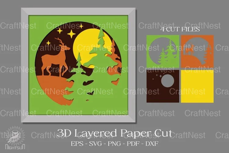 Deer in Forest 3D Light Box Paper Cut Design Bundle - CraftNest - Digital Crafting and Art