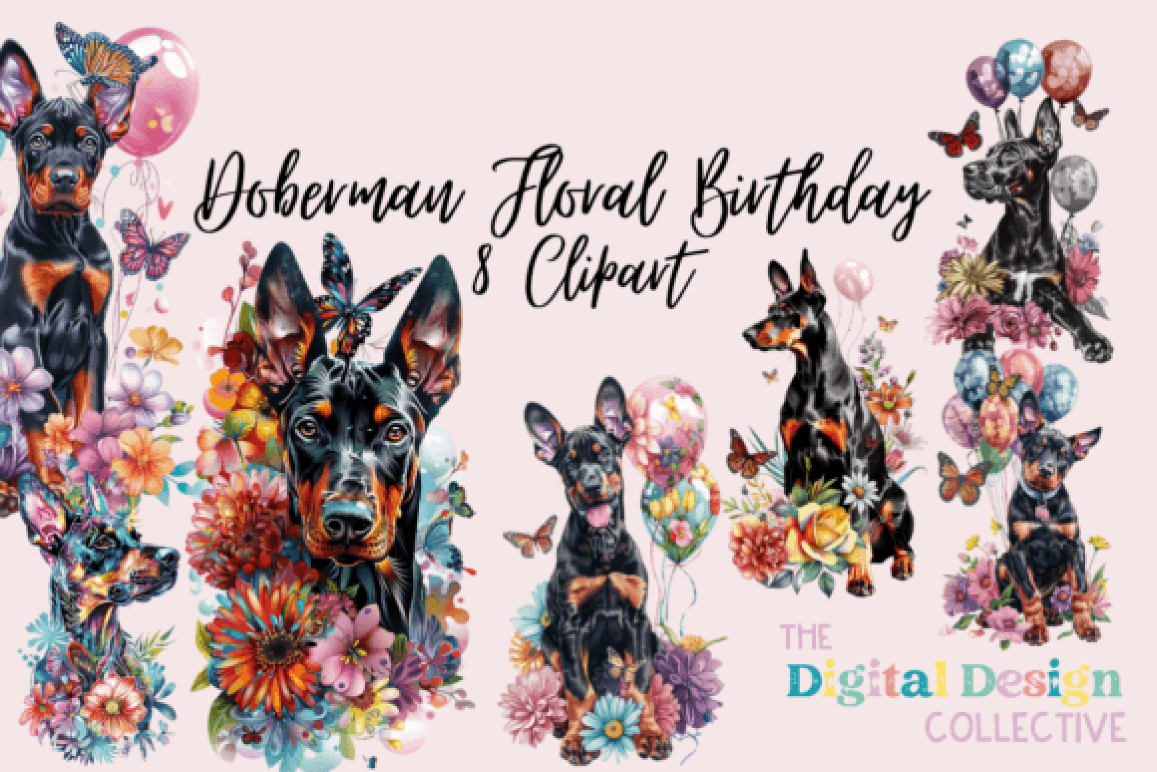 Doberman Floral Birthday Clipart Bundle