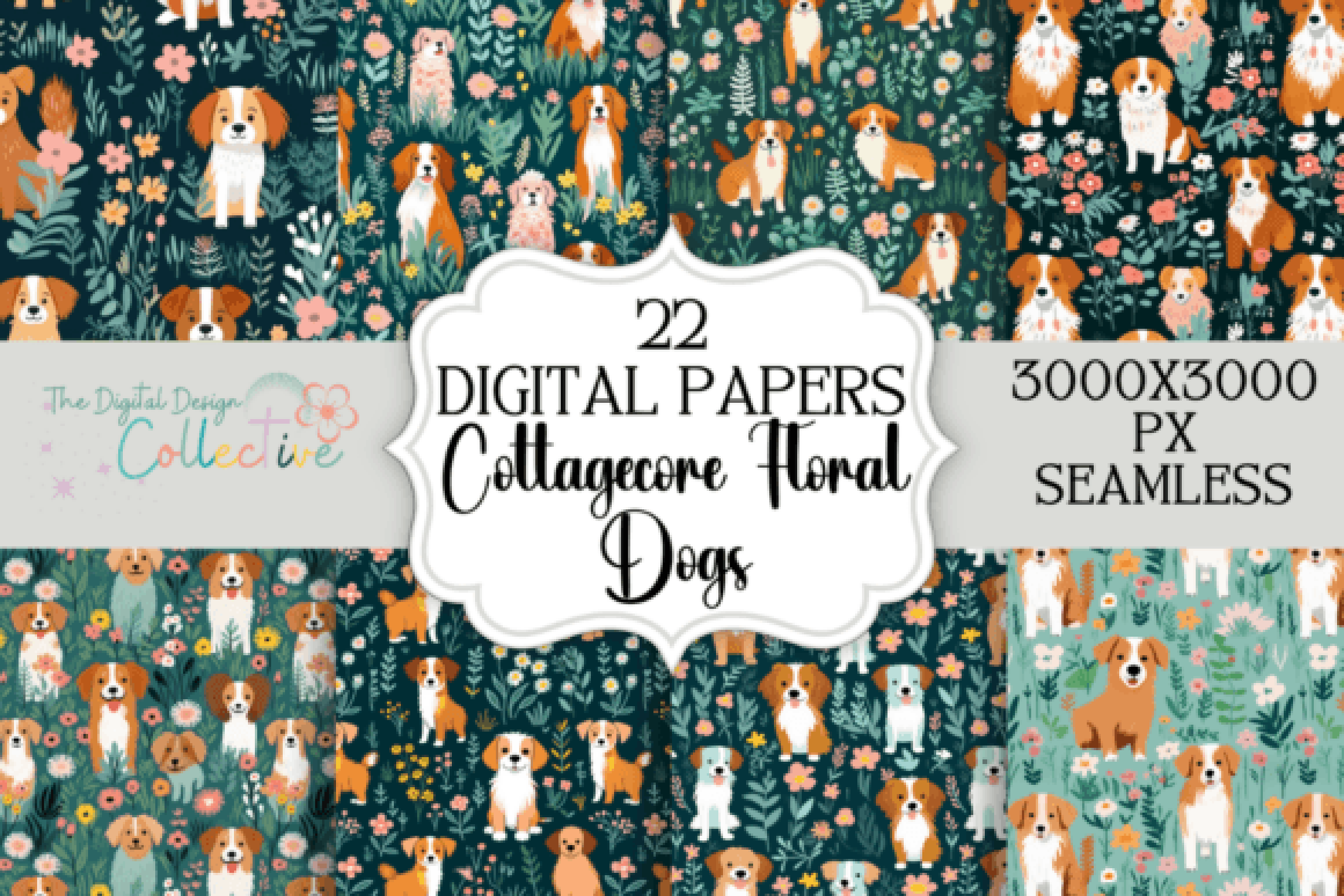 Floral Dog Seamless Digital Paper