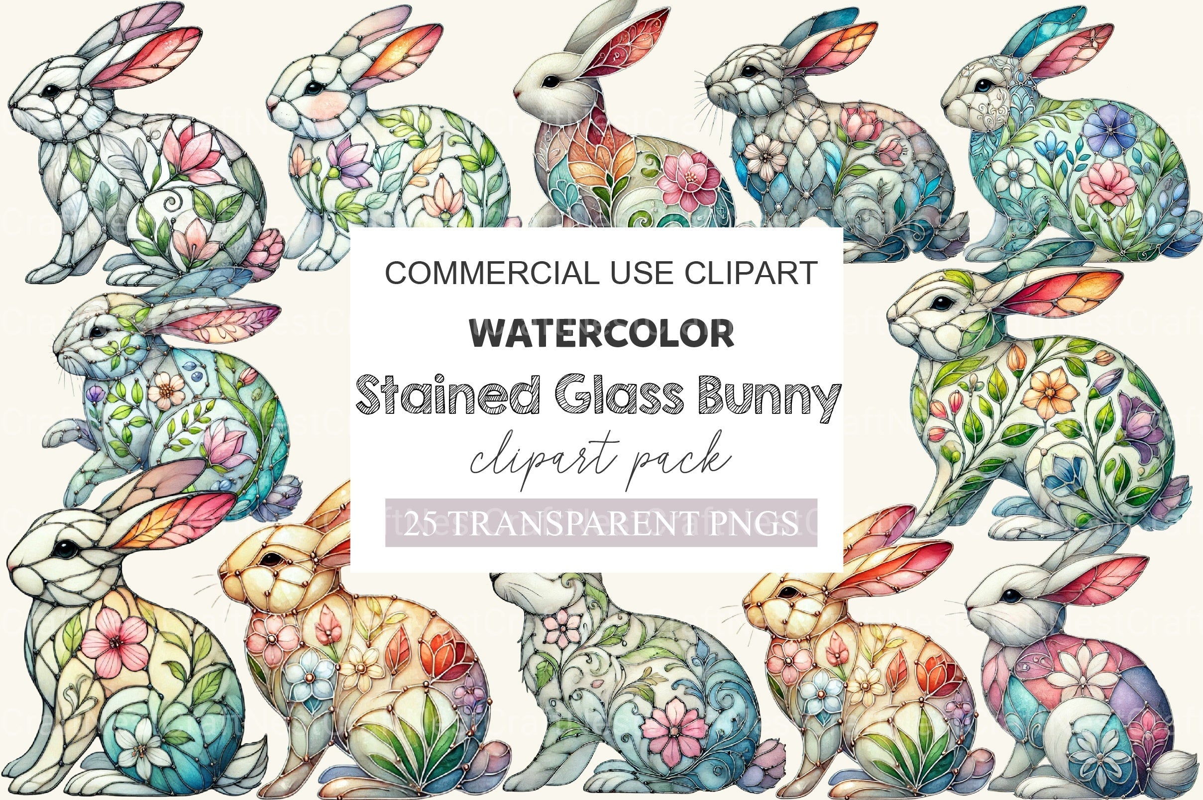 Elegant Stained Glass Bunny Clipart Bundle