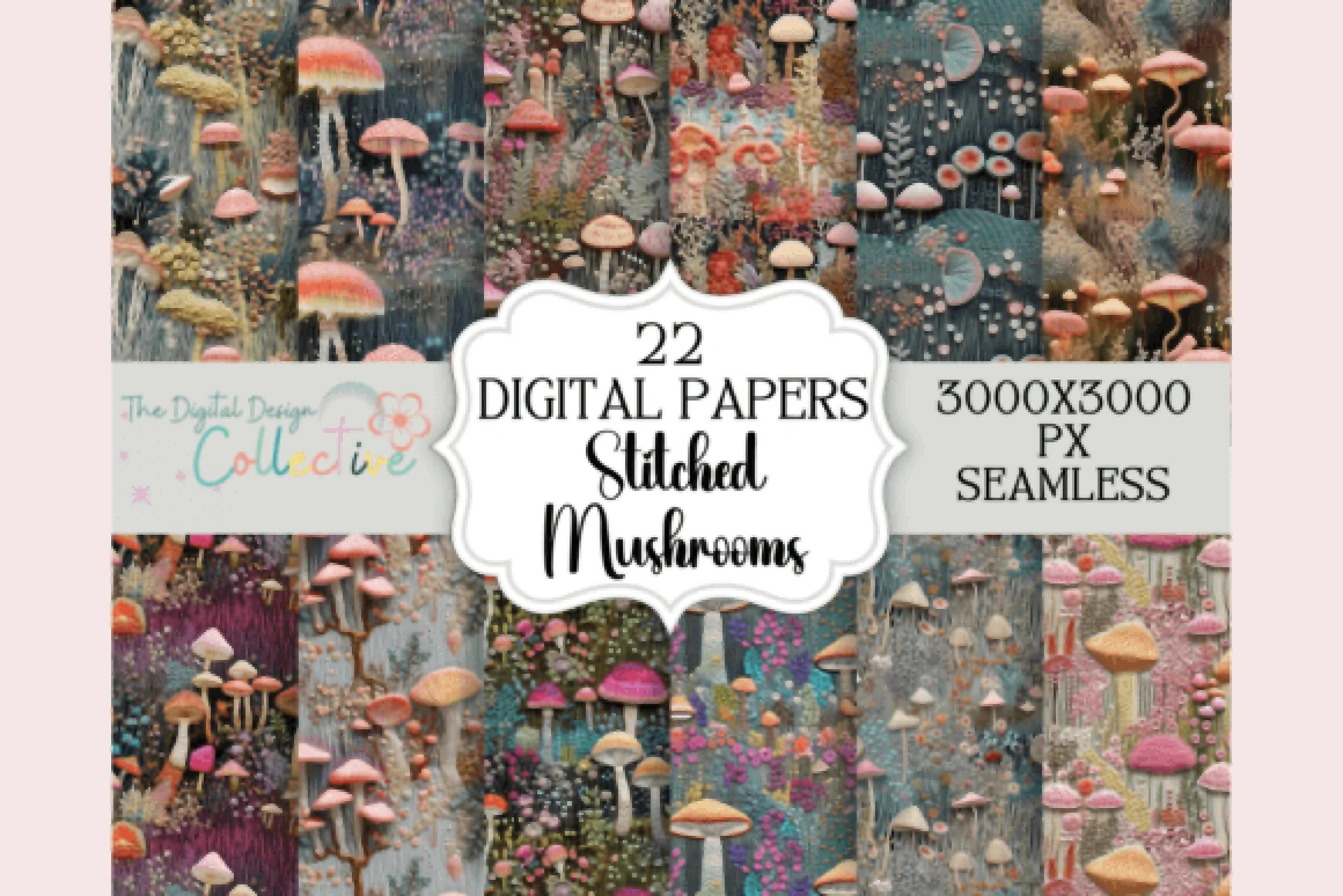 Embroidered Mushroom Seamless Digital Paper - CraftNest - Digital Crafting and Art