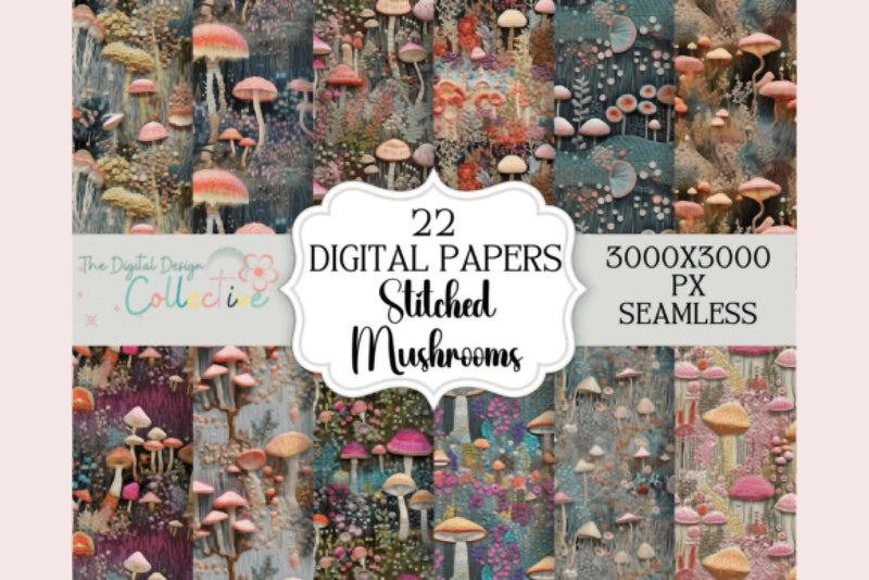 Embroidered Mushroom Seamless Digital Paper - CraftNest - Digital Crafting and Art