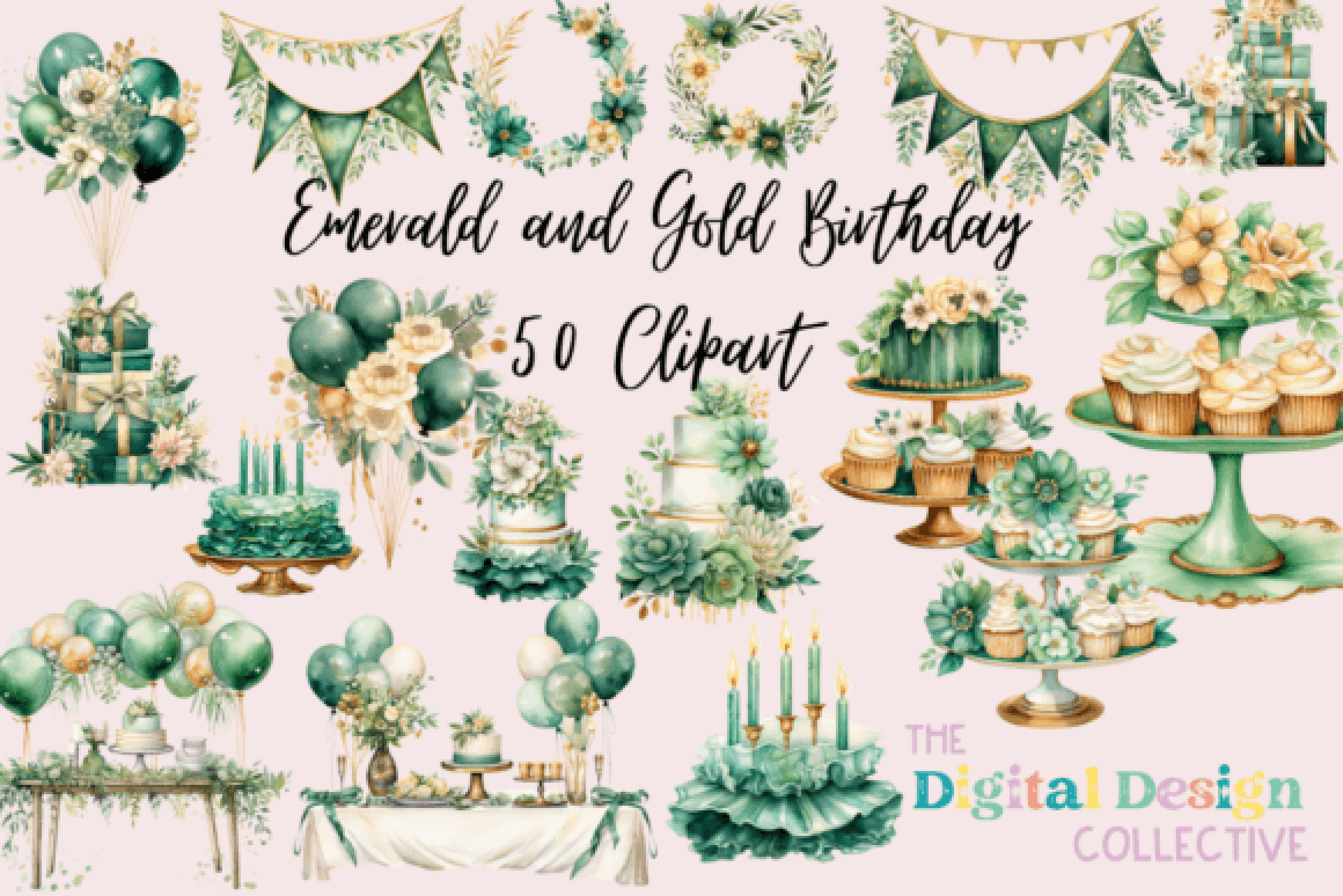 Emerald and Gold Birthday Clipart Bundle