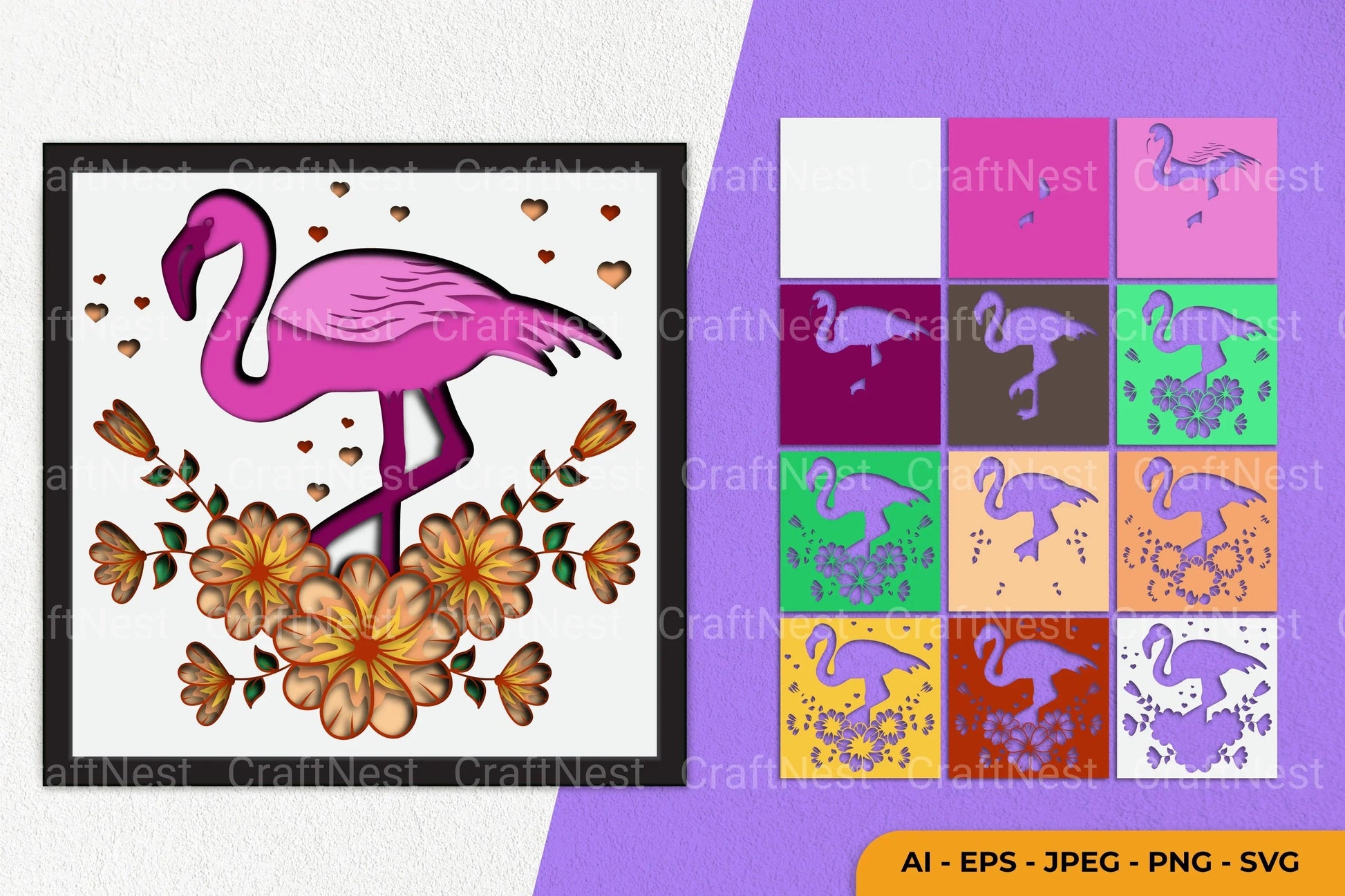 Flamingo with Flower Layered Papercut Clipart Bundle - CraftNest - Digital Crafting and Art