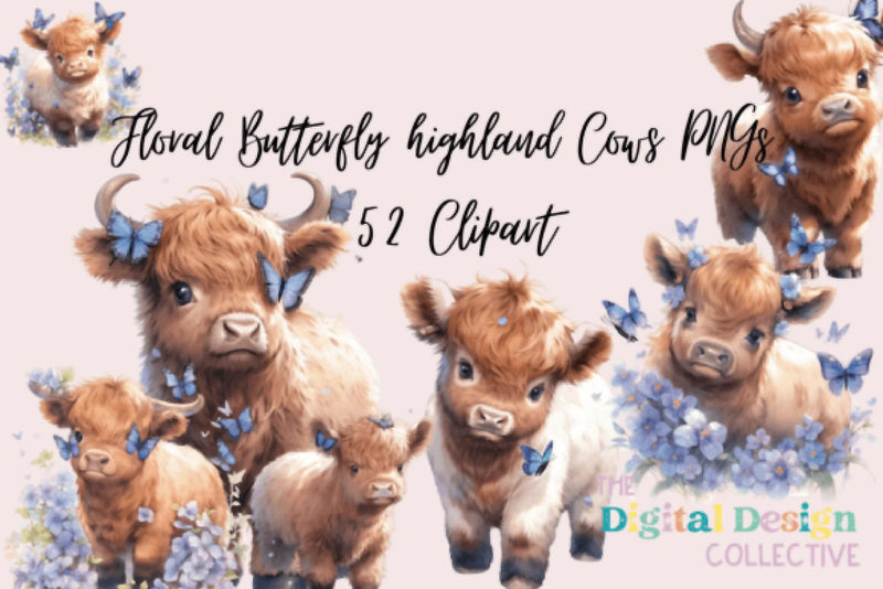 Floral Butterfly Highland Cows Clipart Bundle - CraftNest - Digital Crafting and Art