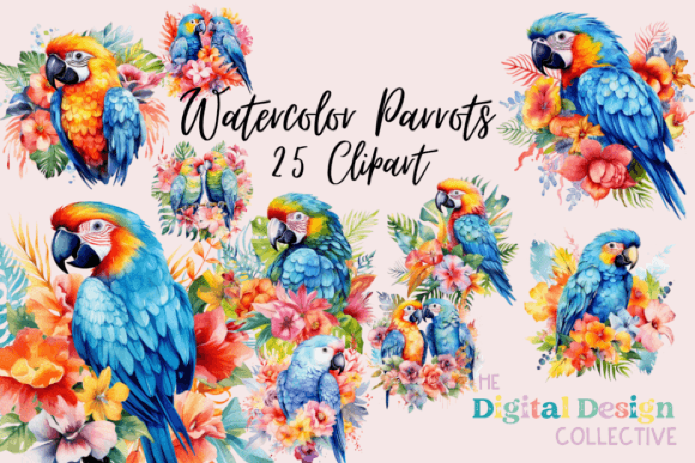 Tropical Floral Parrots Clipart Bundle
