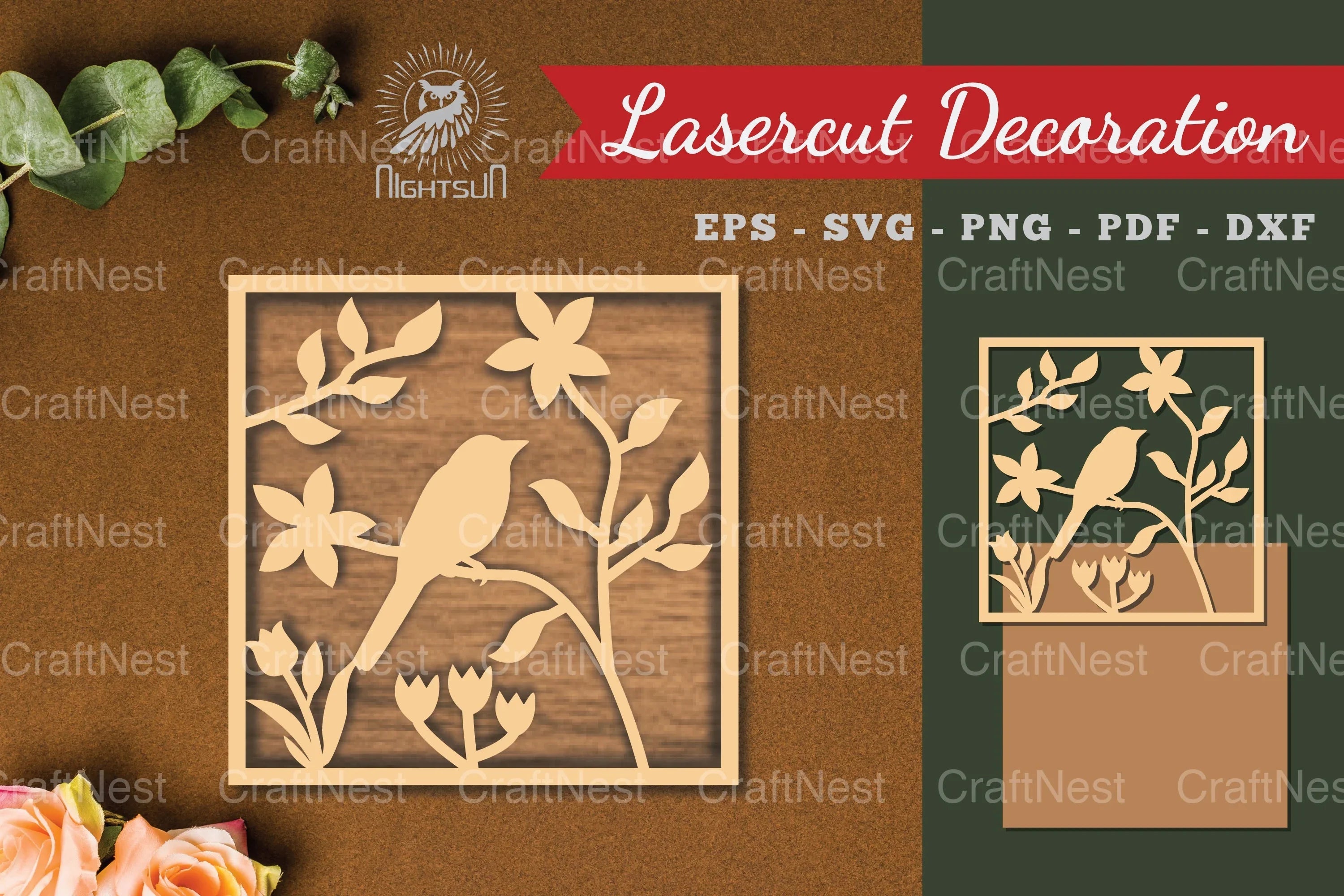 Floral Bird Square Laser Cut Decoration Clipart Bundle - CraftNest - Digital Crafting and Art