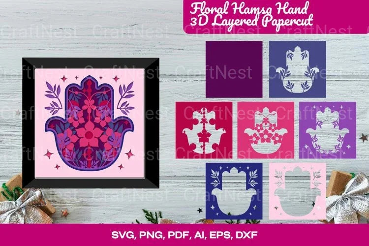 Floral Hamsa Hand 3D Layered Papercut Clipart Bundle - CraftNest - Digital Crafting and Art