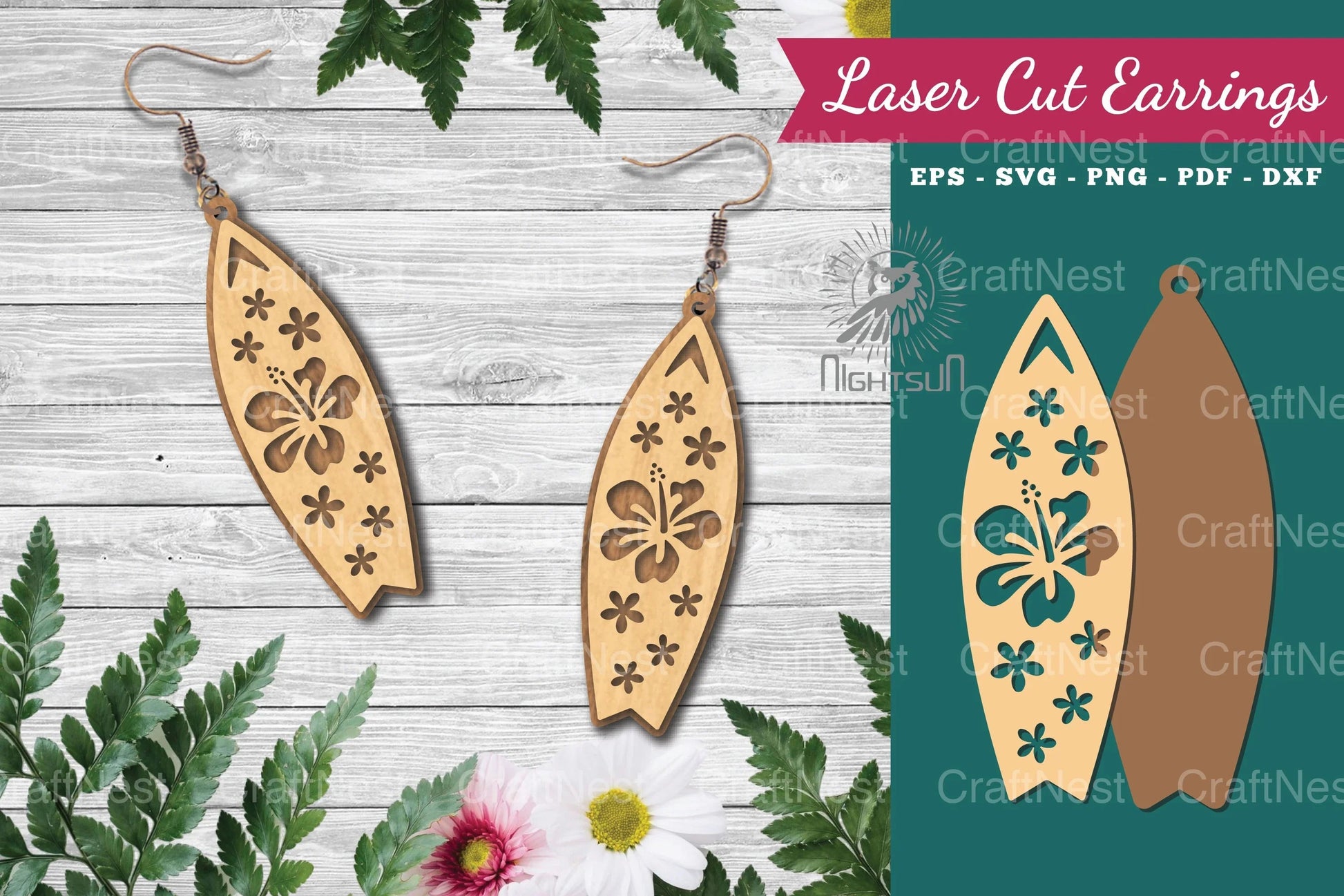 Floral Surfboard Laser Cut Earrings Design Bundle - CraftNest - Digital Crafting and Art
