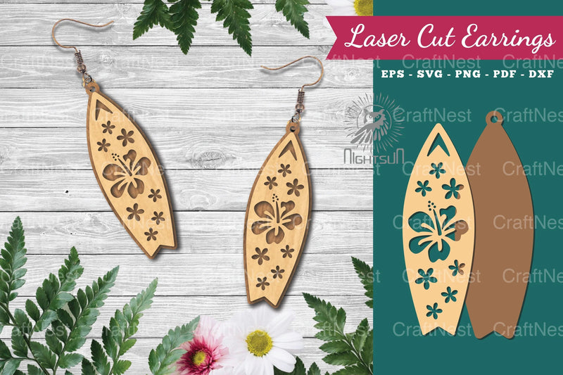 Floral Surfboard Laser Cut Earrings Design Bundle - CraftNest - Digital Crafting and Art
