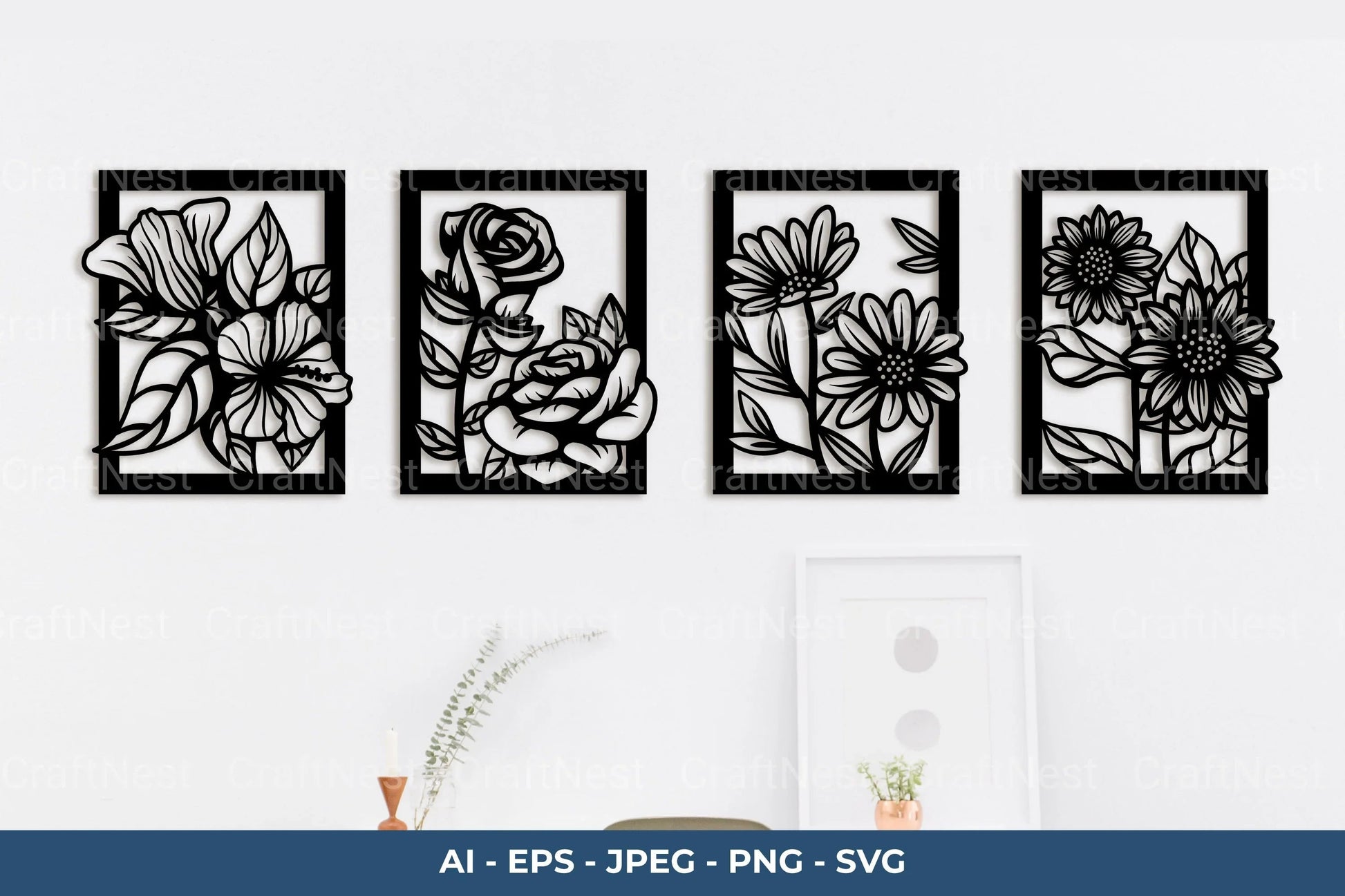 Flower Frame Laser Cut Wall Decor SVG Bundle - CraftNest - Digital Crafting and Art