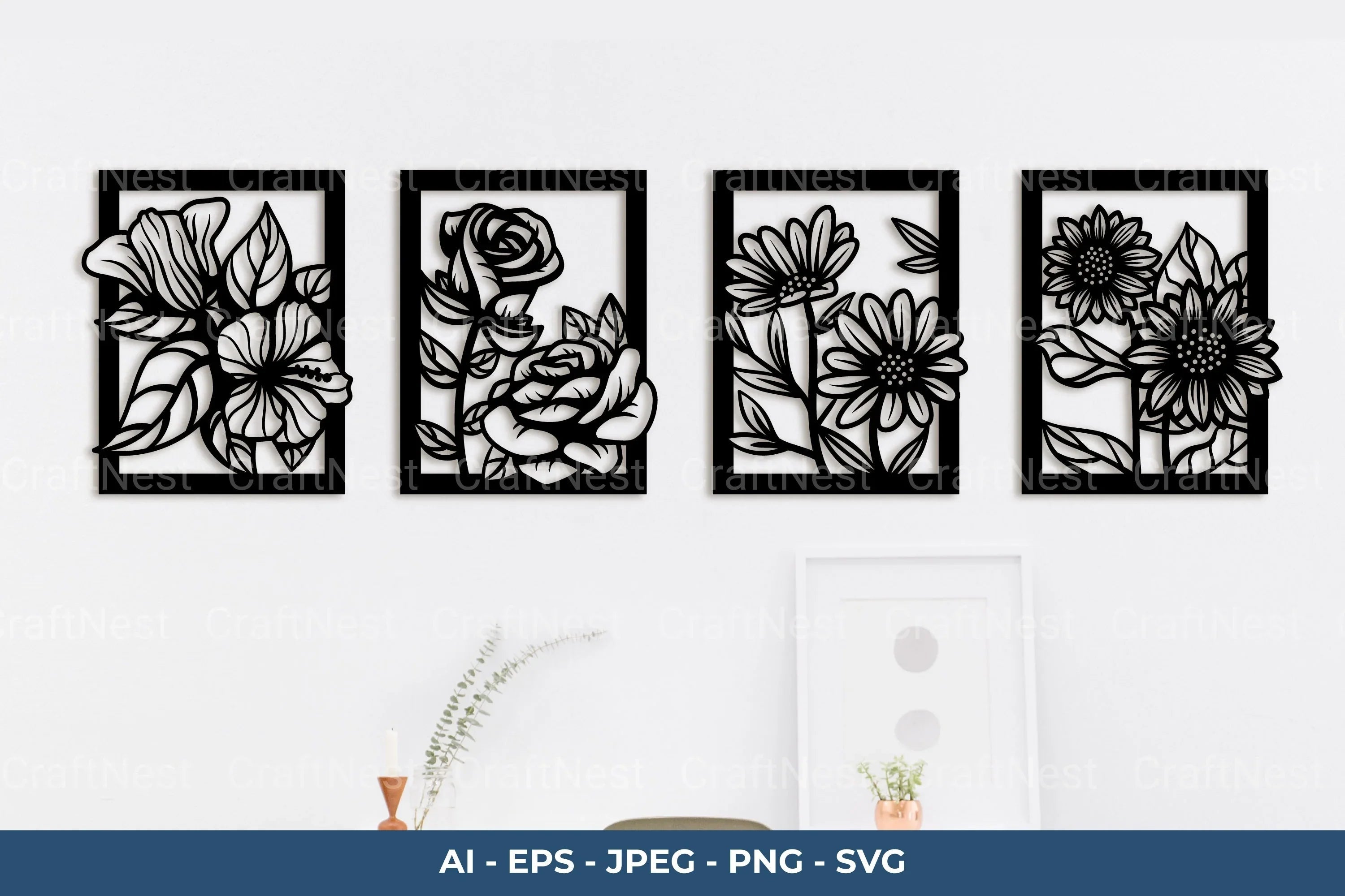 Flower Frame Laser Cut Wall Decor SVG Bundle - CraftNest - Digital Crafting and Art