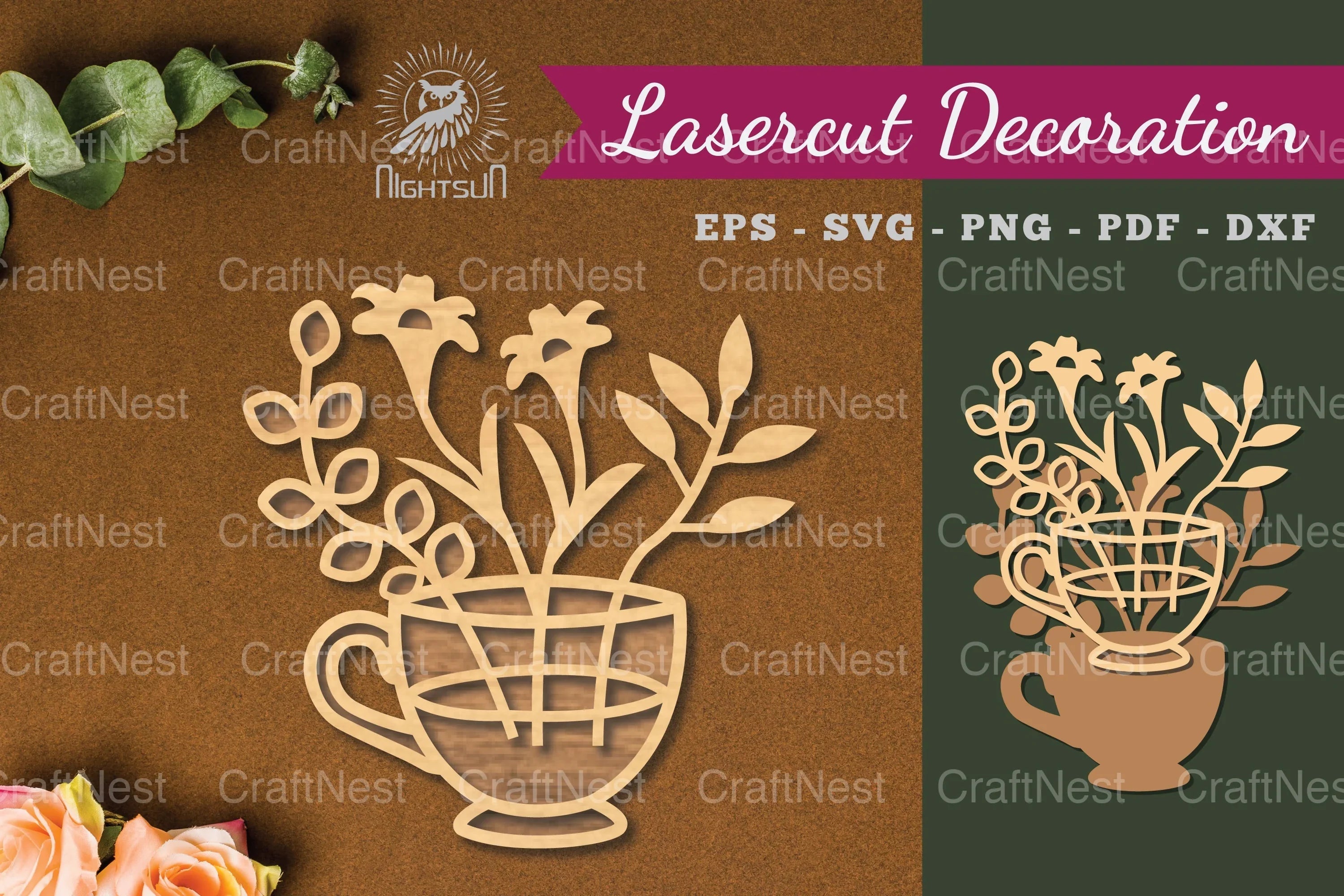 Flowers in Cup Laser Cut Decoration Clipart Bundle - CraftNest - Digital Crafting and Art