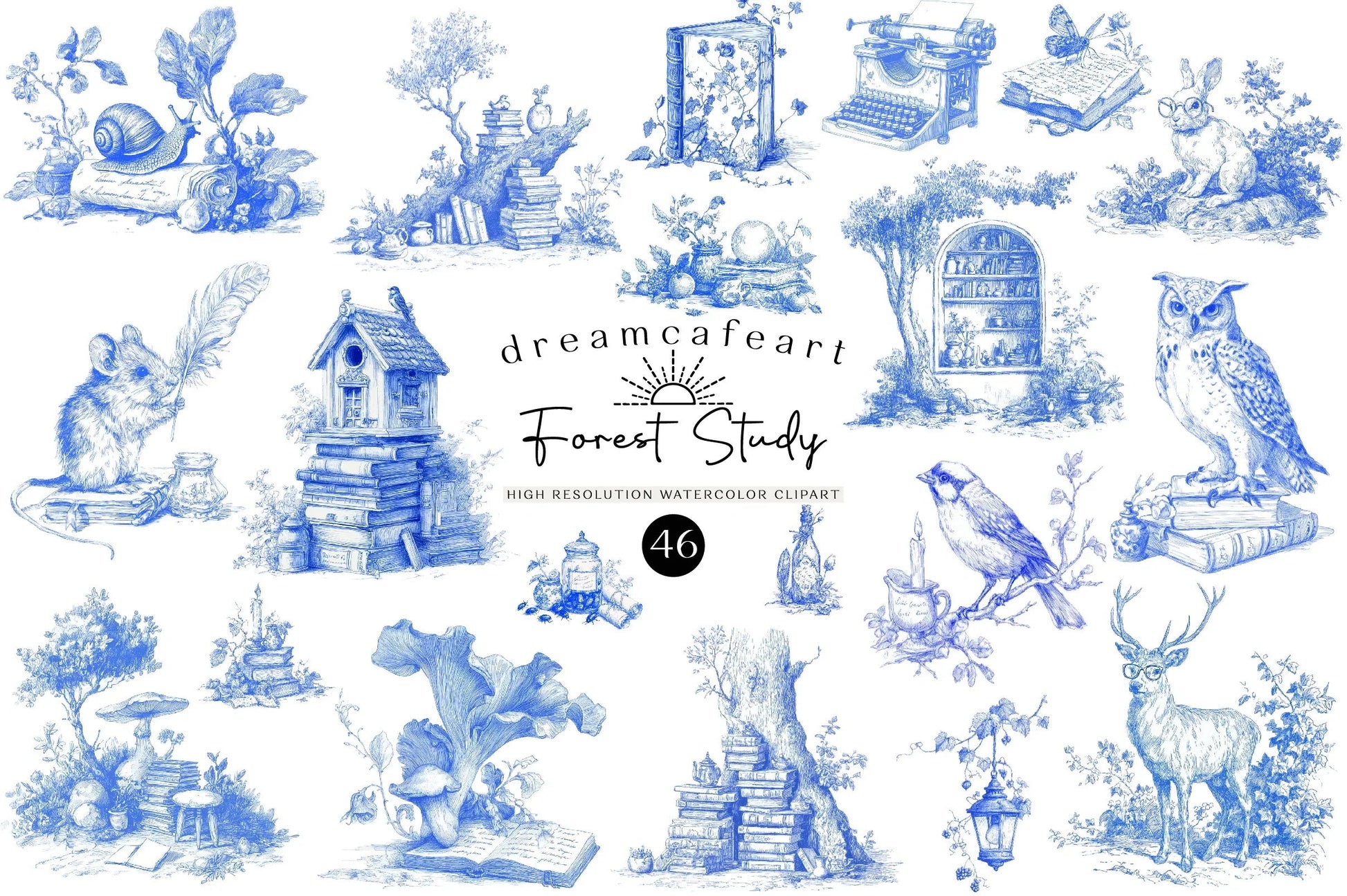 Forest Study Blue Ink Illustration Clipart Bundle - CraftNest - Digital Crafting and Art