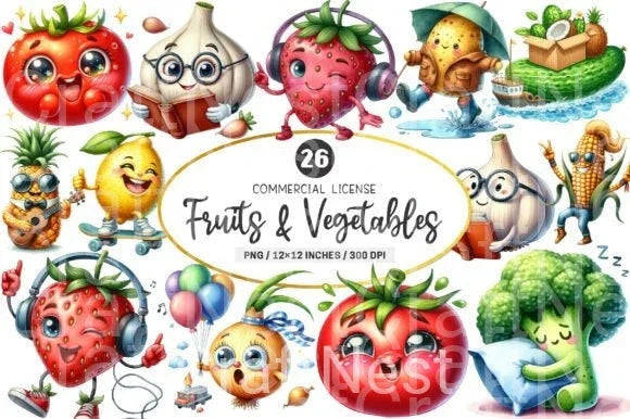 Funny Fruits & Vegetables Clipart Bundle 99 - CraftNest - Digital Crafting and Art