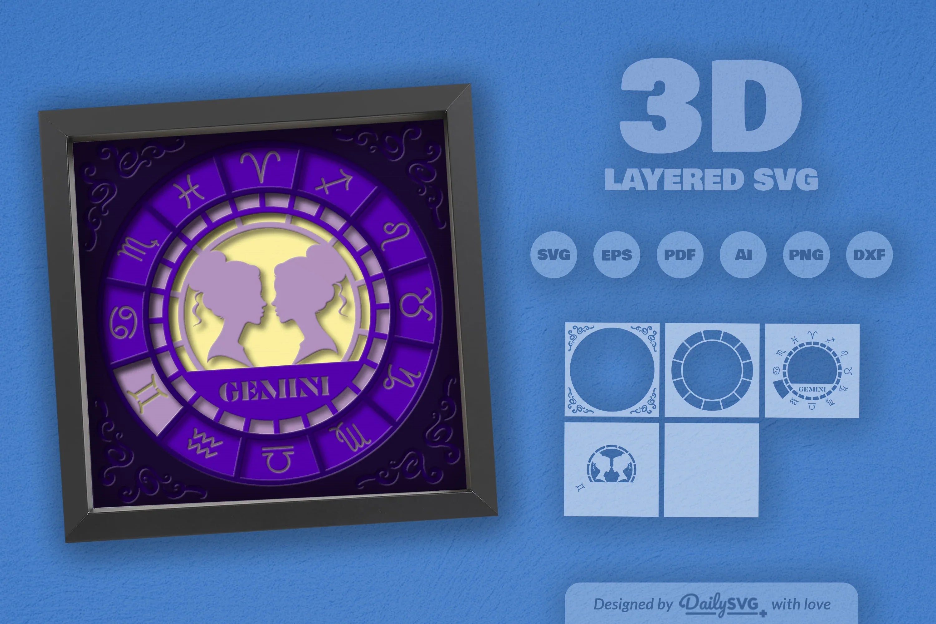 Gemini Zodiac 3D Shadow Box Papercut SVG Bundle - CraftNest - Digital Crafting and Art
