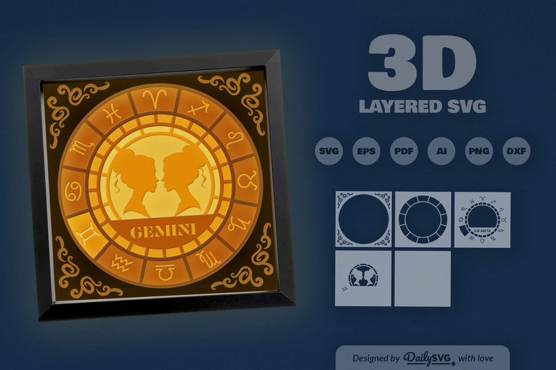 Gemini Zodiac 3D Shadow Box Papercut SVG Bundle - CraftNest - Digital Crafting and Art