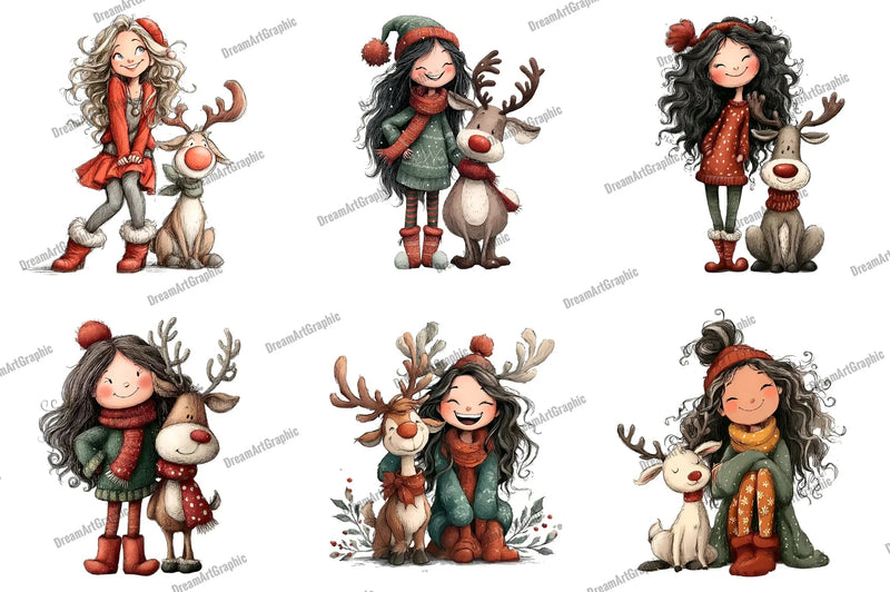 Girl Christmas Deer Clipart Bundle - CraftNest - Digital Crafting and Art