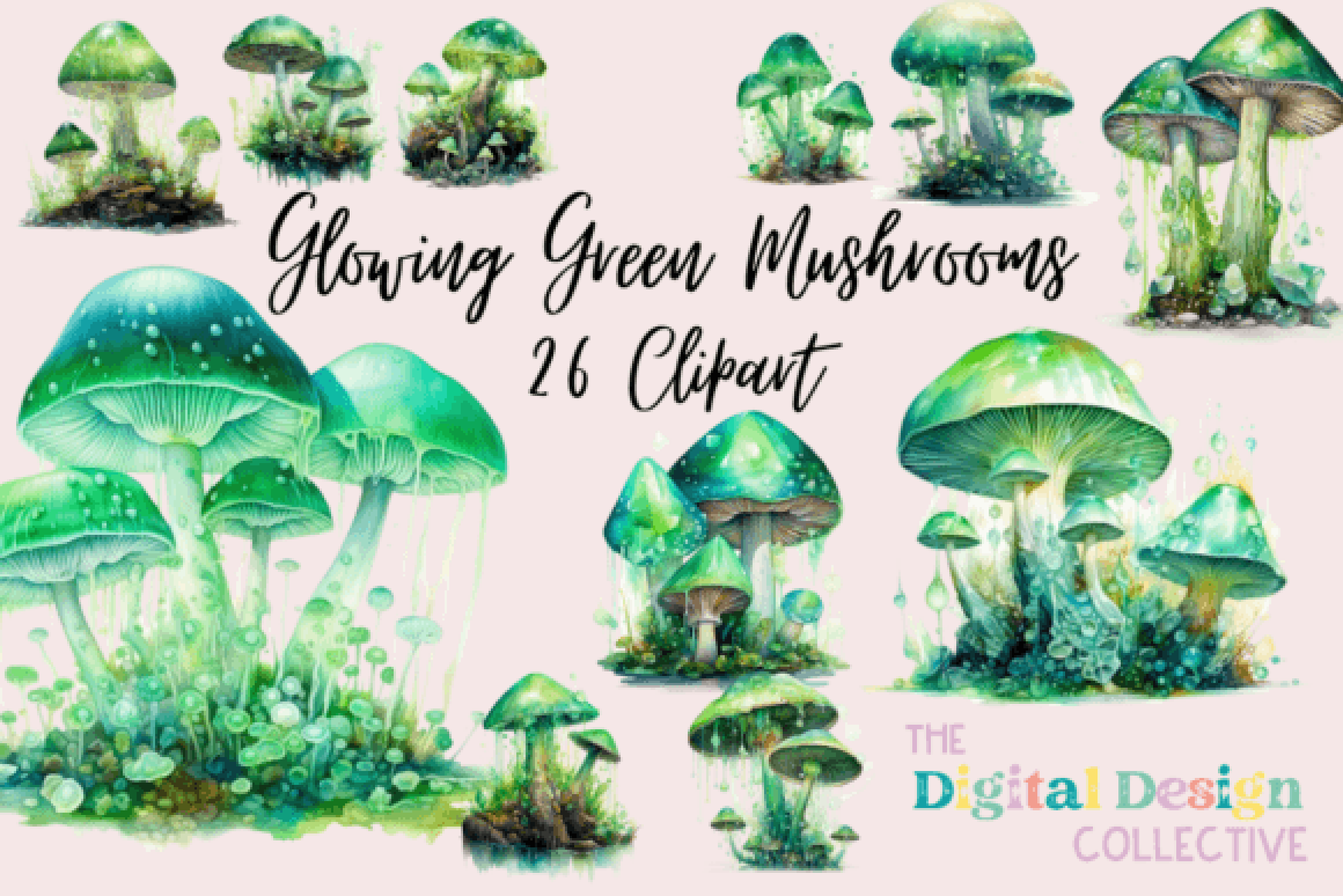 Glowing Green Mushrooms Art Clipart Bundle