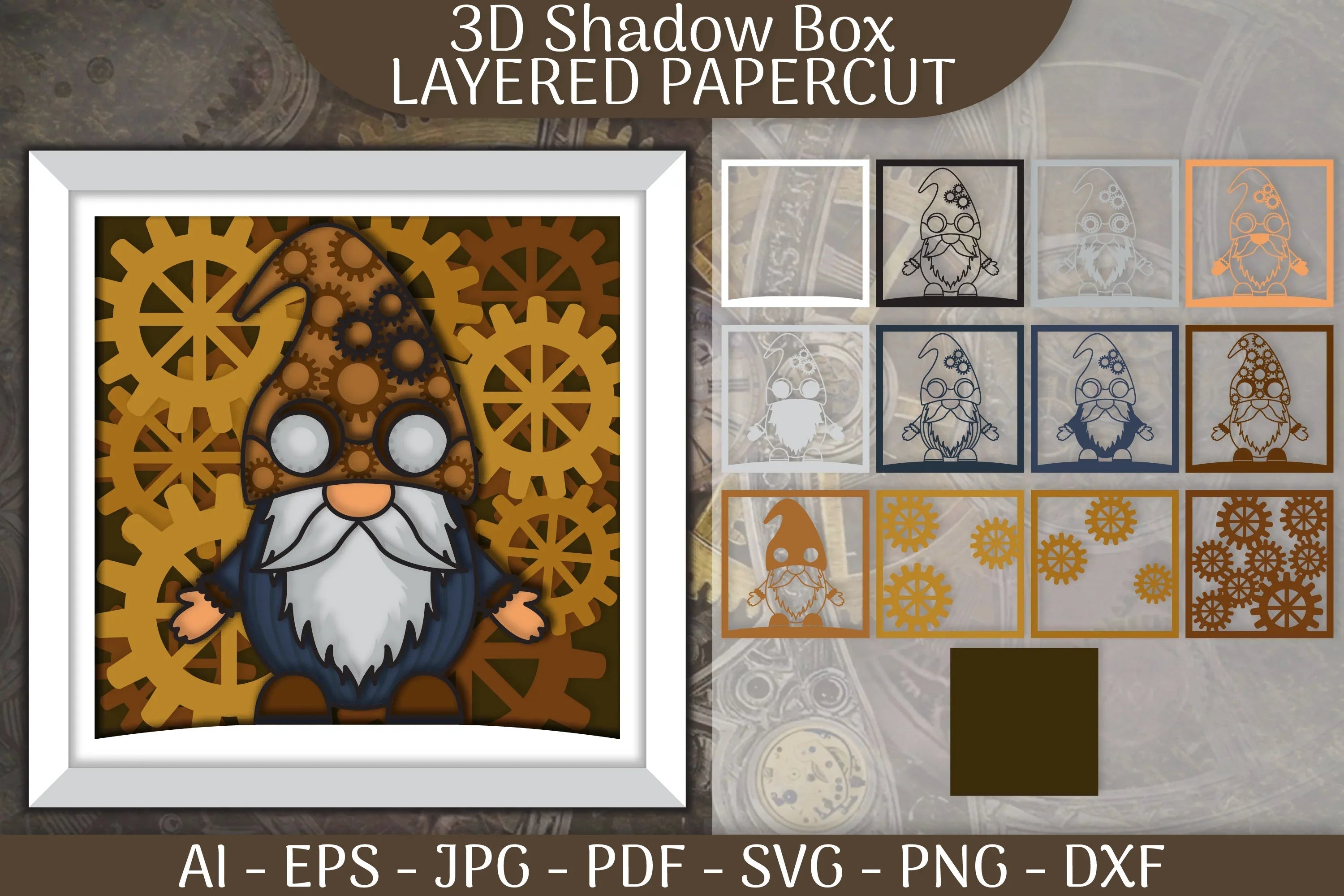 Gnome Steampunk 3D Shadowbox Layered Papercut SVG Bundle - CraftNest - Digital Crafting and Art