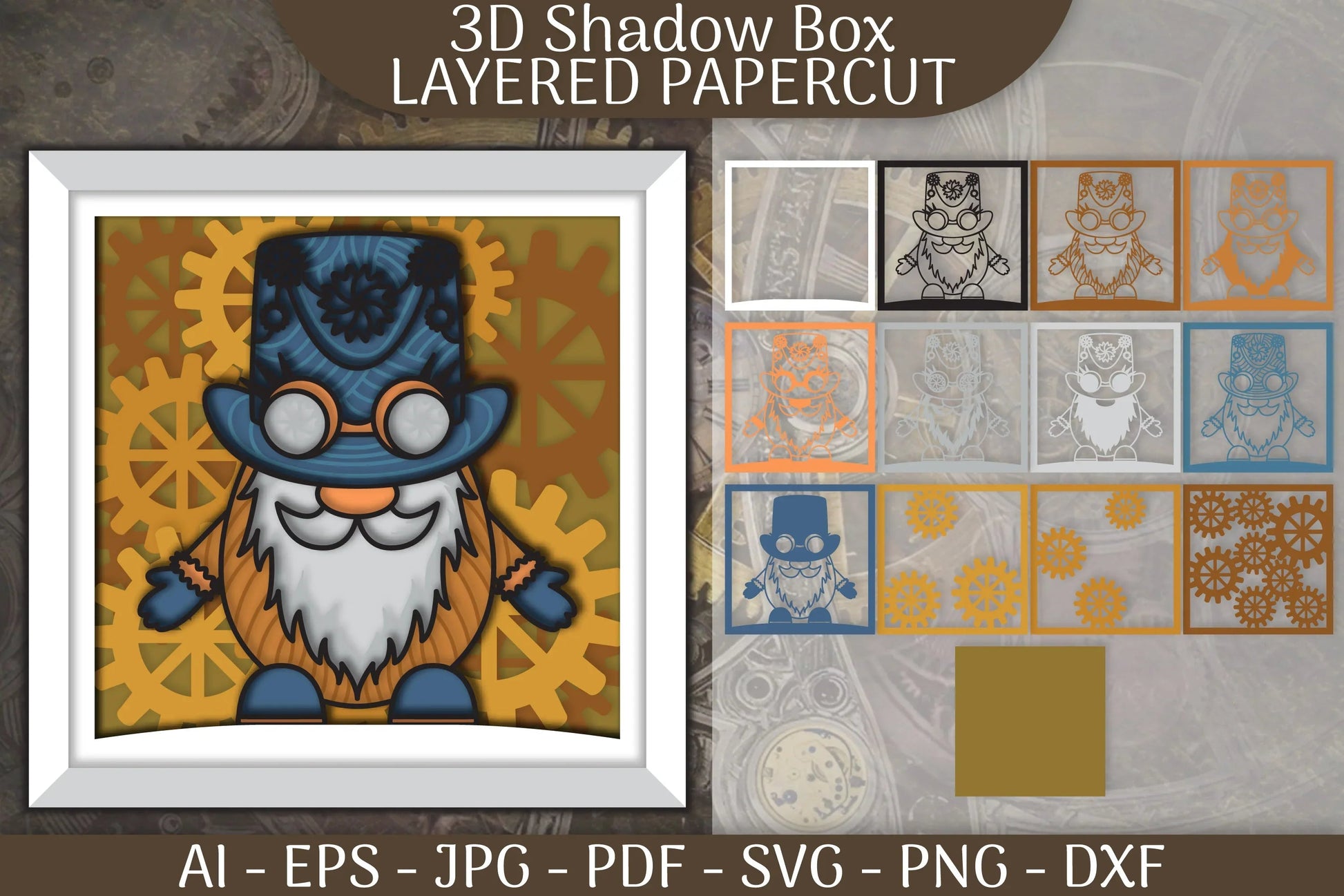 Gnome Steampunk 3D Shadowbox Papercut SVG Bundle - CraftNest - Digital Crafting and Art