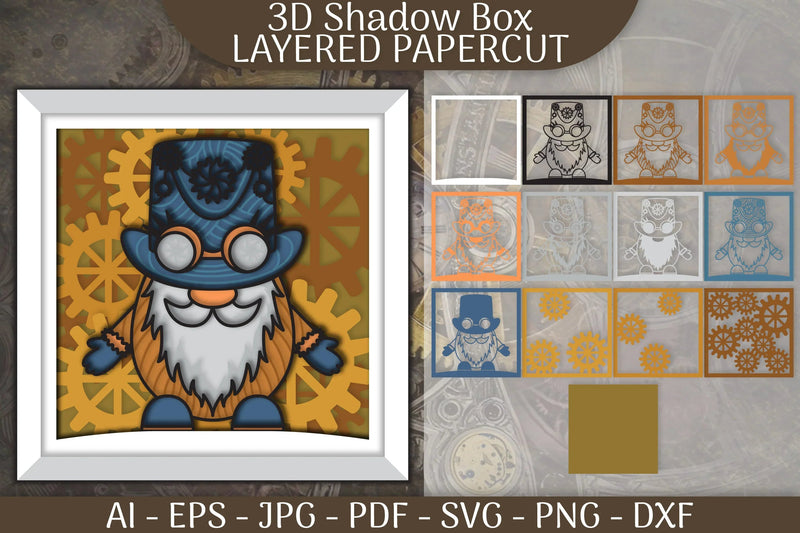 Gnome Steampunk 3D Shadowbox Papercut SVG Bundle - CraftNest - Digital Crafting and Art