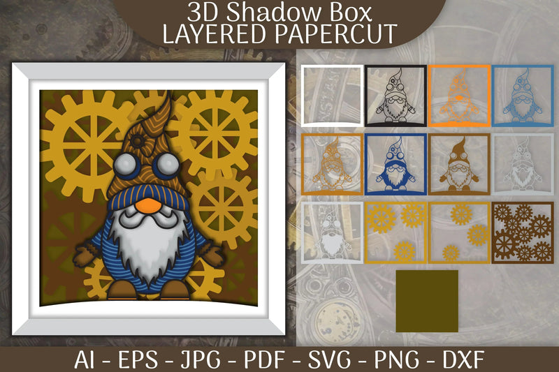 Gnome Steampunk 3D Shadowbox Papercut SVG Bundle - CraftNest - Digital Crafting and Art